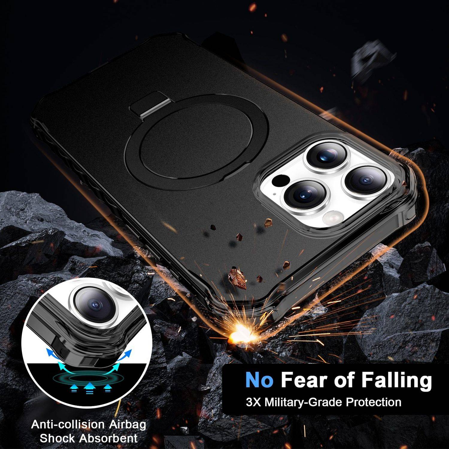 Für Apple iPhone 16 Pro Max Solid Color Wave Design MagSafe Ring Halterung Hülle Schwarz