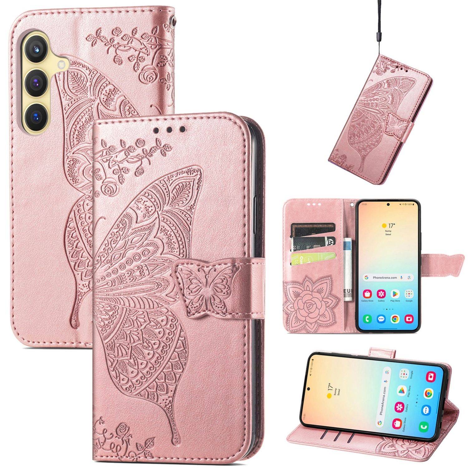 Für Samsung Galaxy S25 Plus 5G Kunstleder Wallet Handy Tasche Schmetterling Design Hülle Etuis Rosa