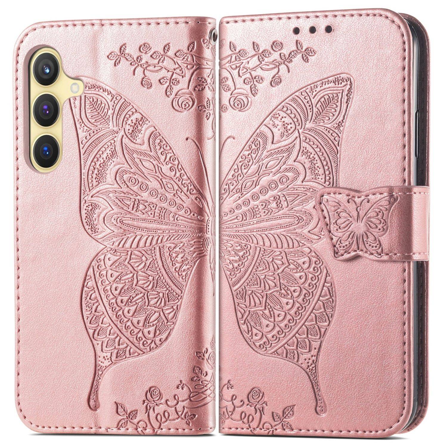 Für Samsung Galaxy S25 Plus 5G Kunstleder Wallet Handy Tasche Schmetterling Design Hülle Etuis Rosa