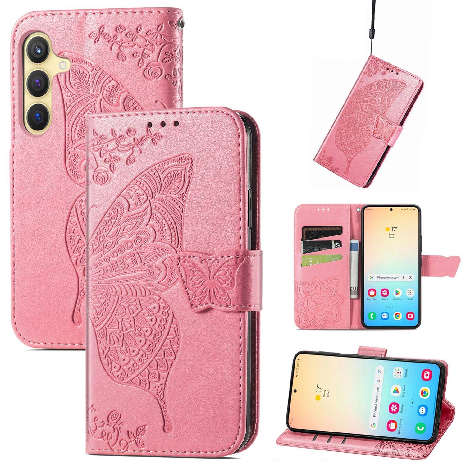 Für Samsung Galaxy S25 Plus 5G Kunstleder Wallet Handy Tasche Schmetterling Design Hülle Etuis Pink