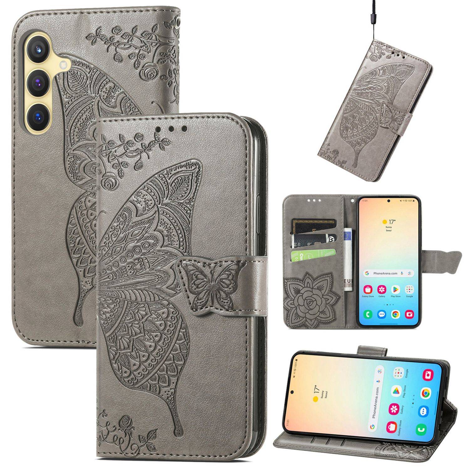 Für Samsung Galaxy S25 Plus 5G Kunstleder Wallet Handy Tasche Schmetterling Design Hülle Etuis Grau