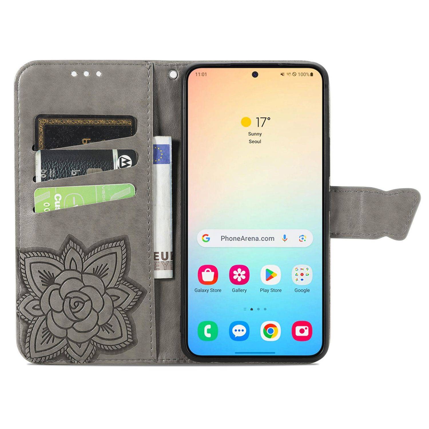 Für Samsung Galaxy S25 Plus 5G Kunstleder Wallet Handy Tasche Schmetterling Design Hülle Etuis Grau