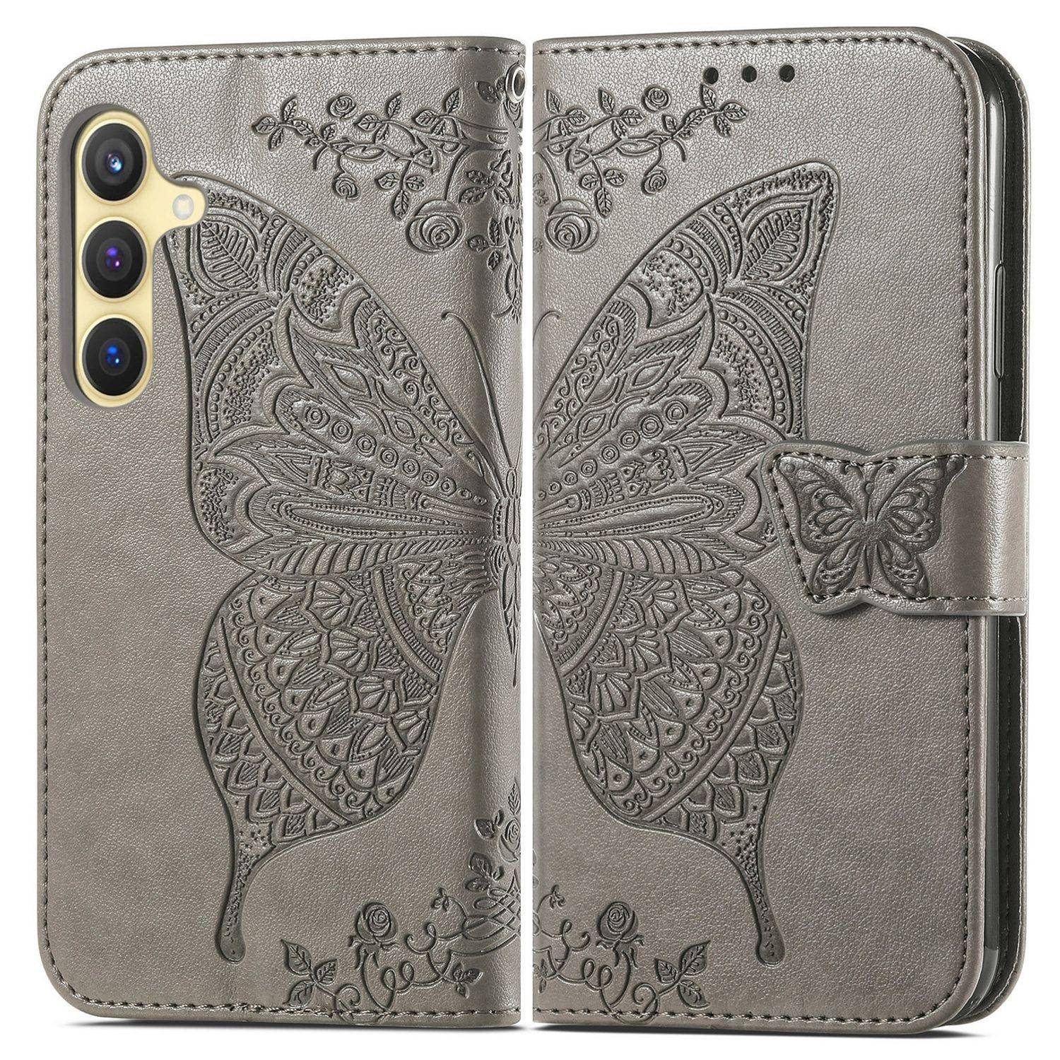 Für Samsung Galaxy S25 Plus 5G Kunstleder Wallet Handy Tasche Schmetterling Design Hülle Etuis Grau
