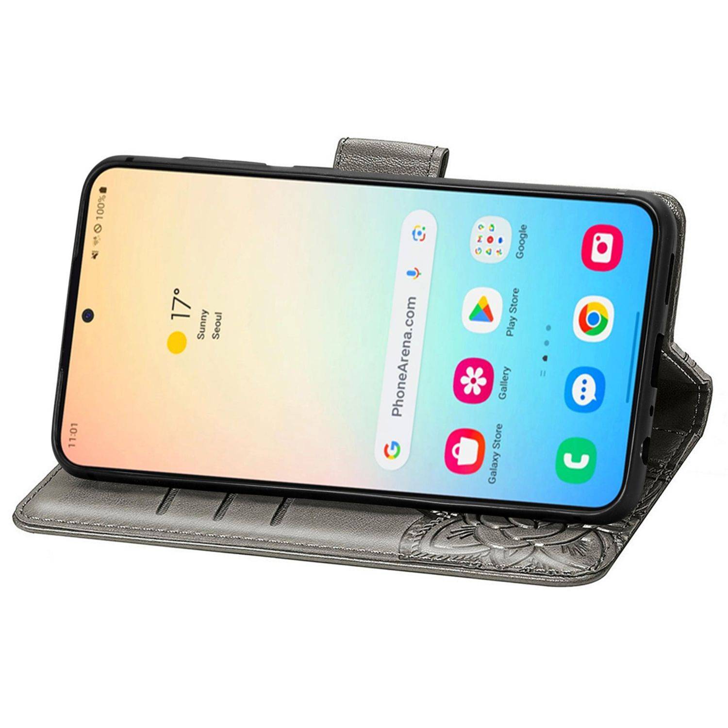 Für Samsung Galaxy S25 5G Kunstleder Wallet Handy Tasche Schmetterling Design Hülle Etuis Grau