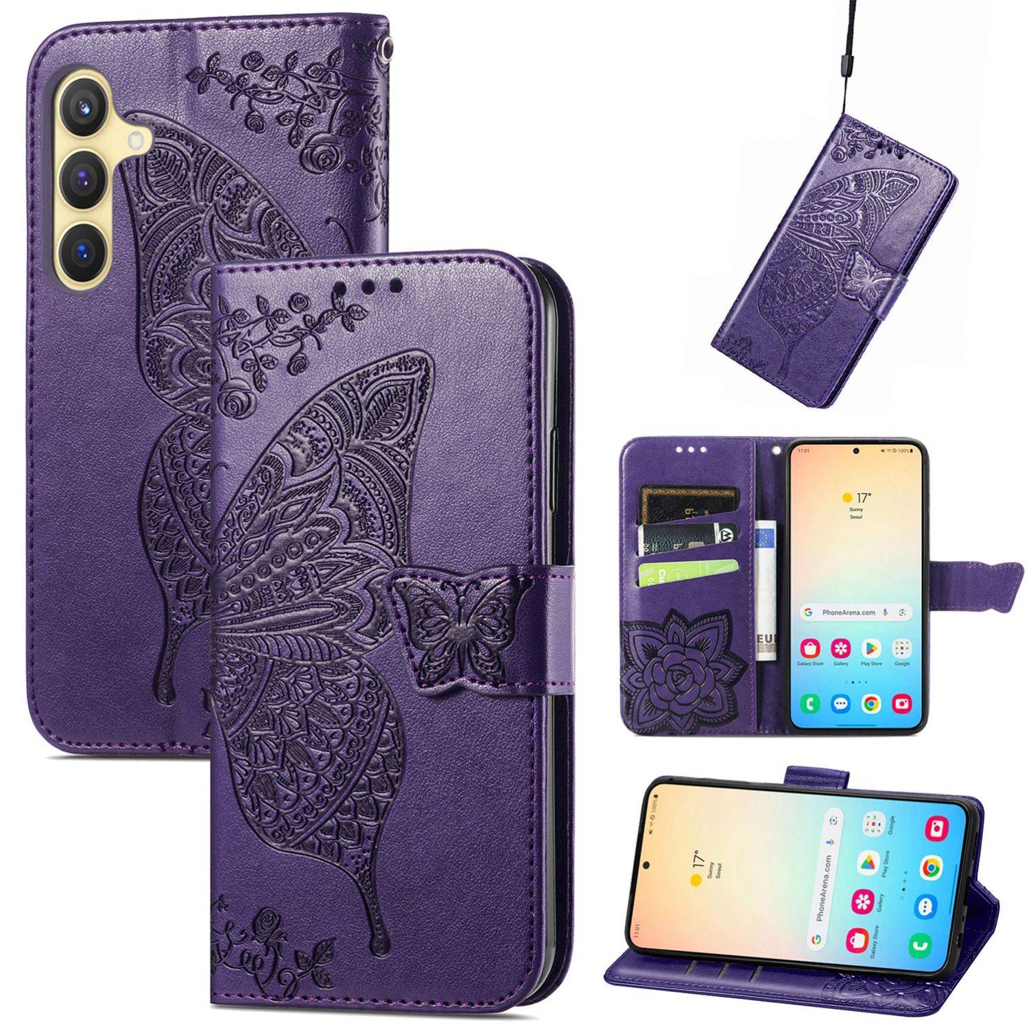 Für Samsung Galaxy S25 5G Kunstleder Wallet Handy Tasche Schmetterling Design Hülle Etuis Lila