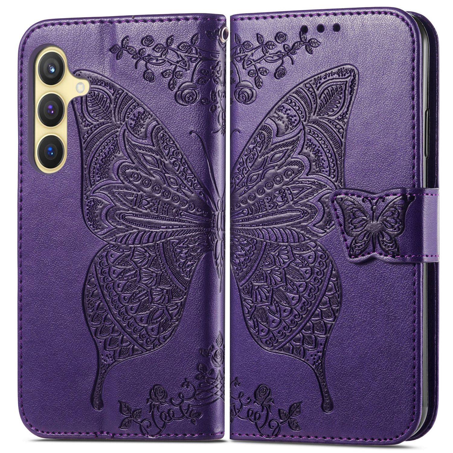 Für Samsung Galaxy S25 5G Kunstleder Wallet Handy Tasche Schmetterling Design Hülle Etuis Lila