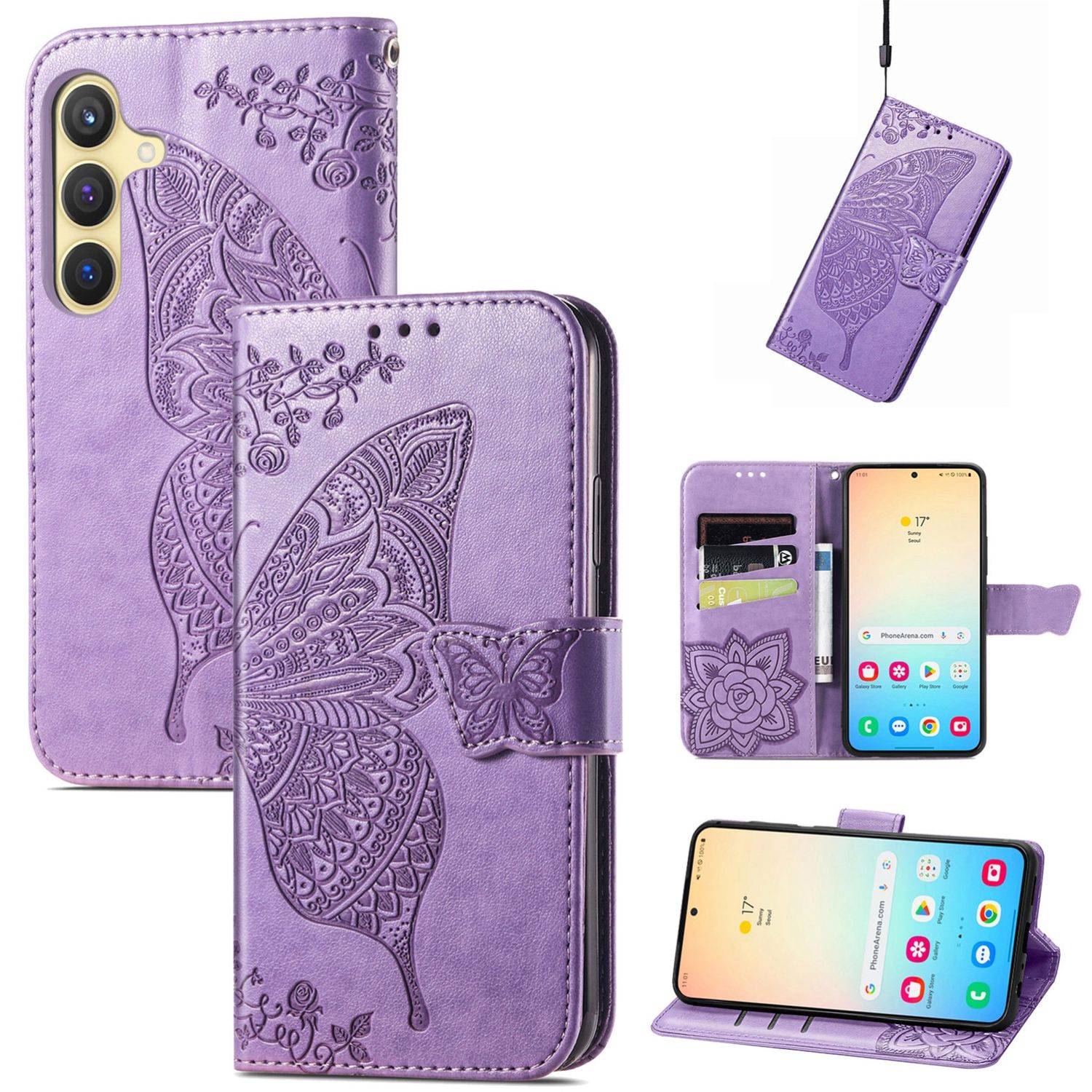 Für Samsung Galaxy S25 5G Kunstleder Wallet Handy Tasche Schmetterling Design Hülle Etuis Hell-Lila