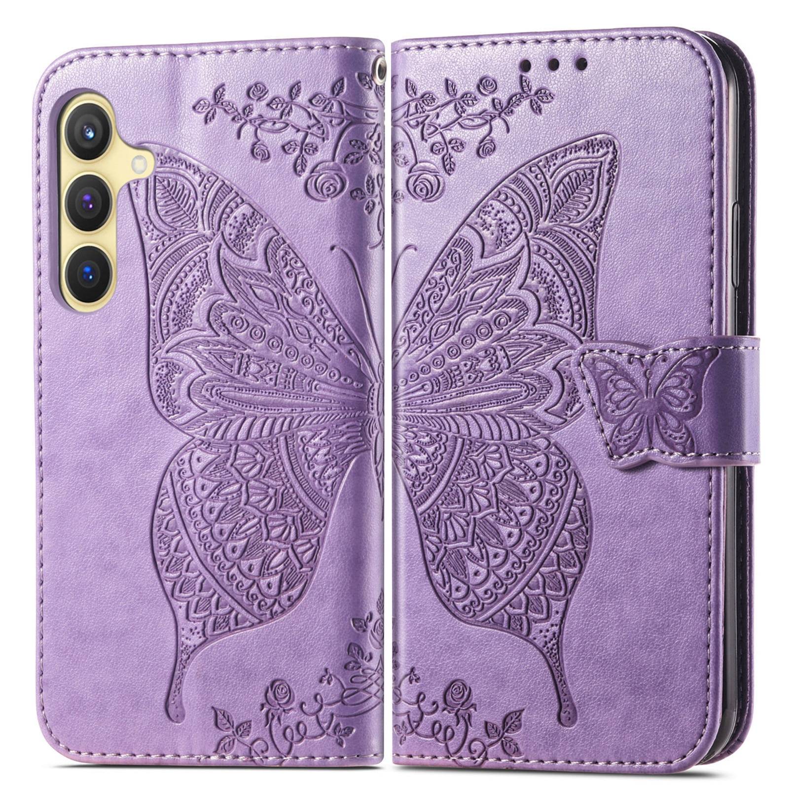 Violettes Blumen-Leder-Handyhüllen-Portemonnaie mit Schmetterlings-Prägung und dreifachem Kameraausschnitt auf der linken Rückseite