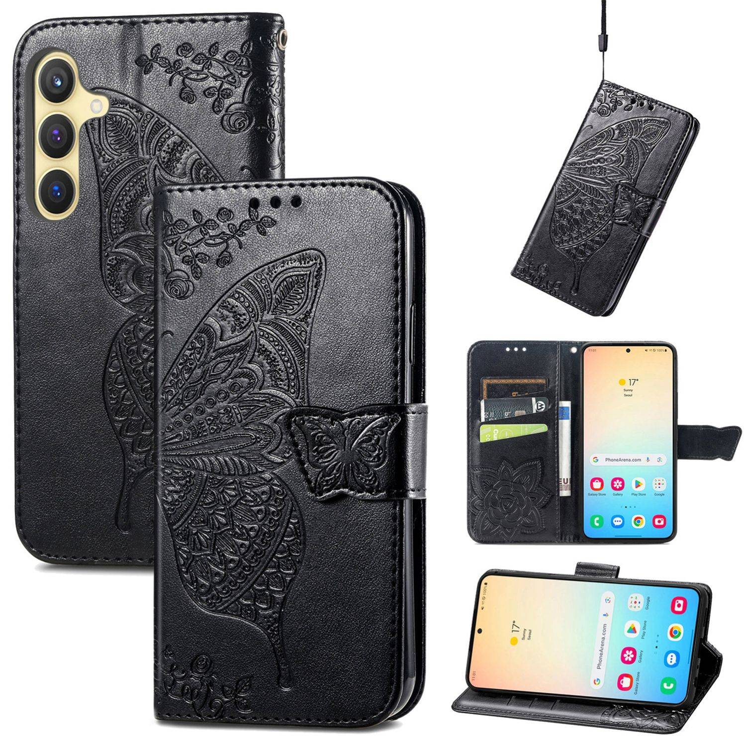 Für Samsung Galaxy S25 Plus 5G Kunstleder Wallet Handy Tasche Schmetterling Design Hülle Etuis Schwarz
