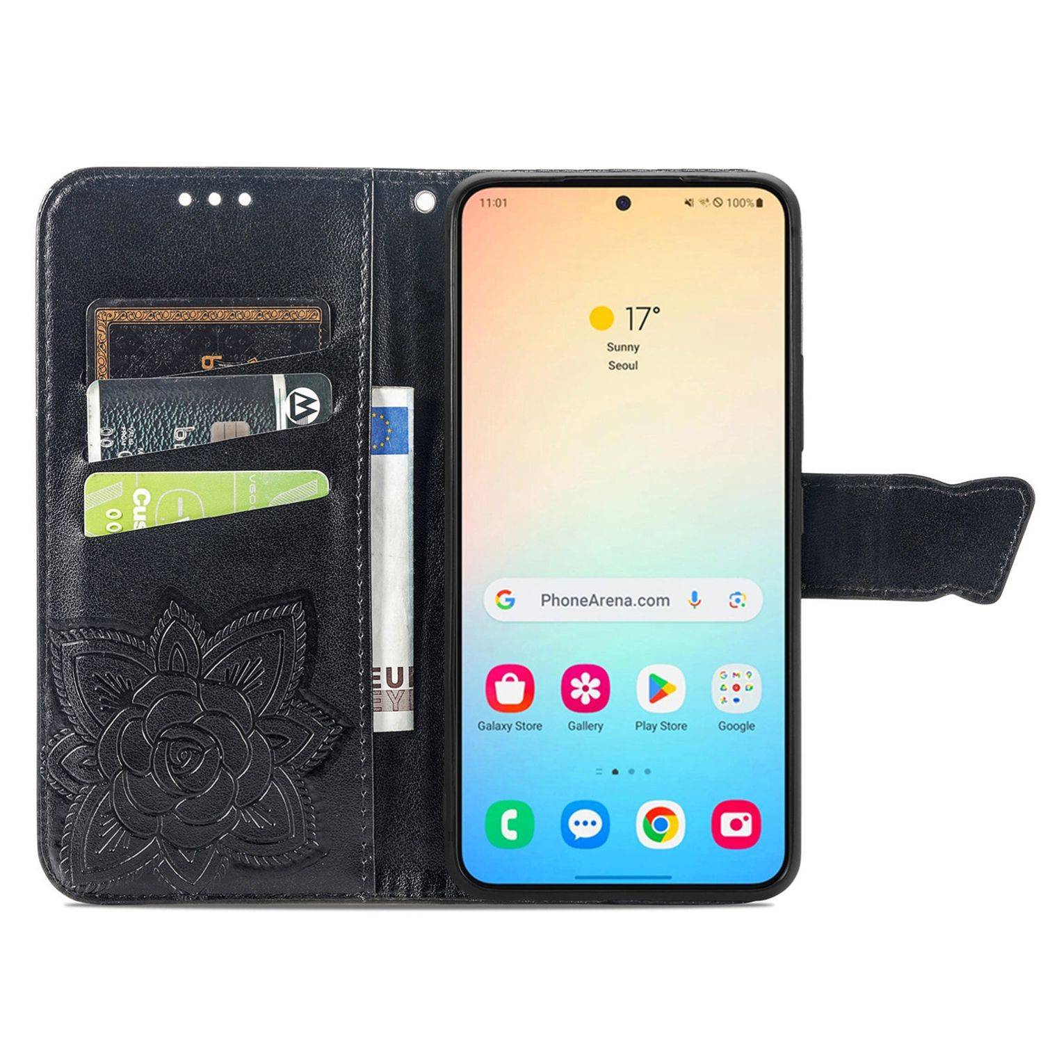 Für Samsung Galaxy S25 Plus 5G Kunstleder Wallet Handy Tasche Schmetterling Design Hülle Etuis Schwarz