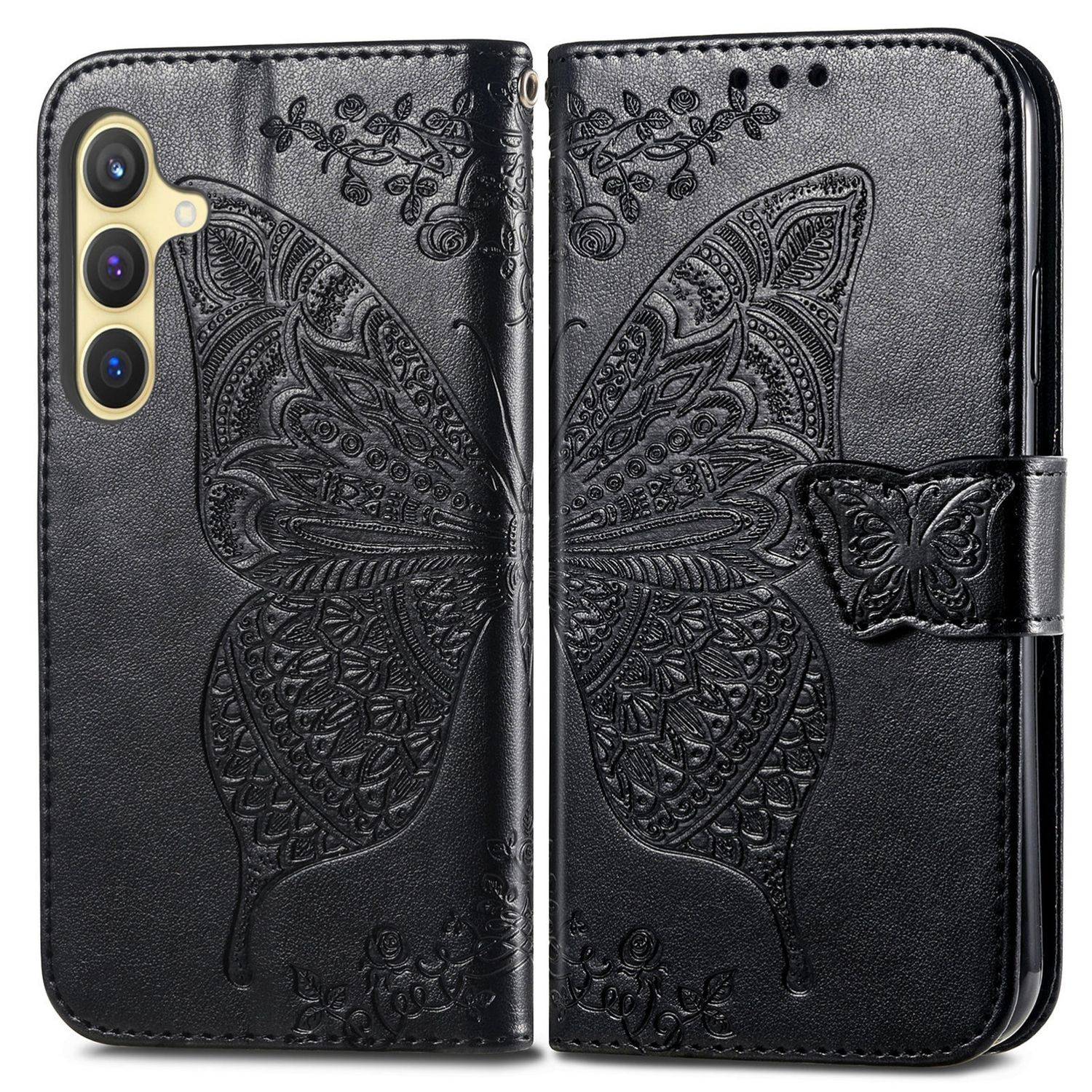 Für Samsung Galaxy S25 Plus 5G Kunstleder Wallet Handy Tasche Schmetterling Design Hülle Etuis Schwarz