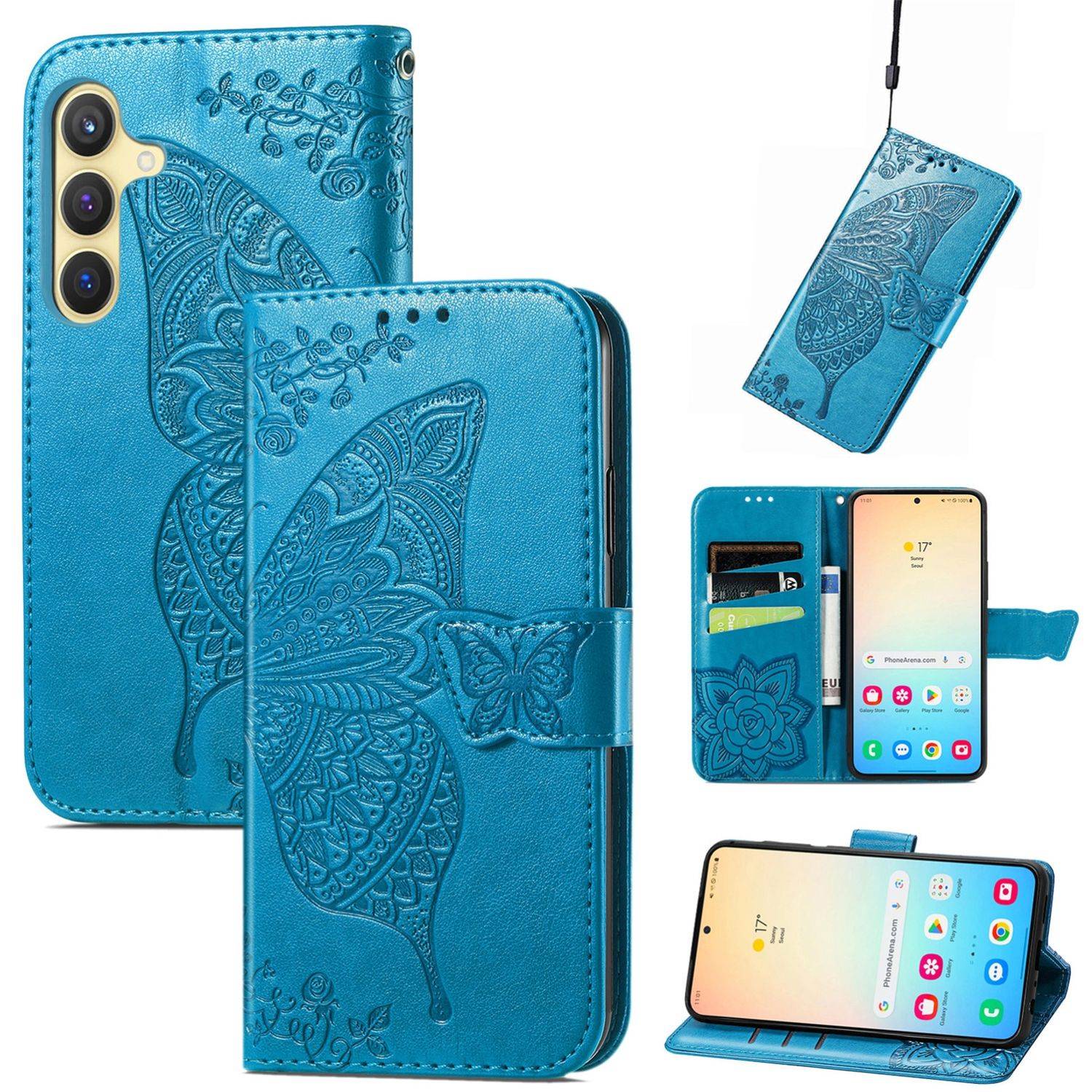 Für Samsung Galaxy S25 Plus 5G Kunstleder Wallet Handy Tasche Schmetterling Design Hülle Etuis Blau