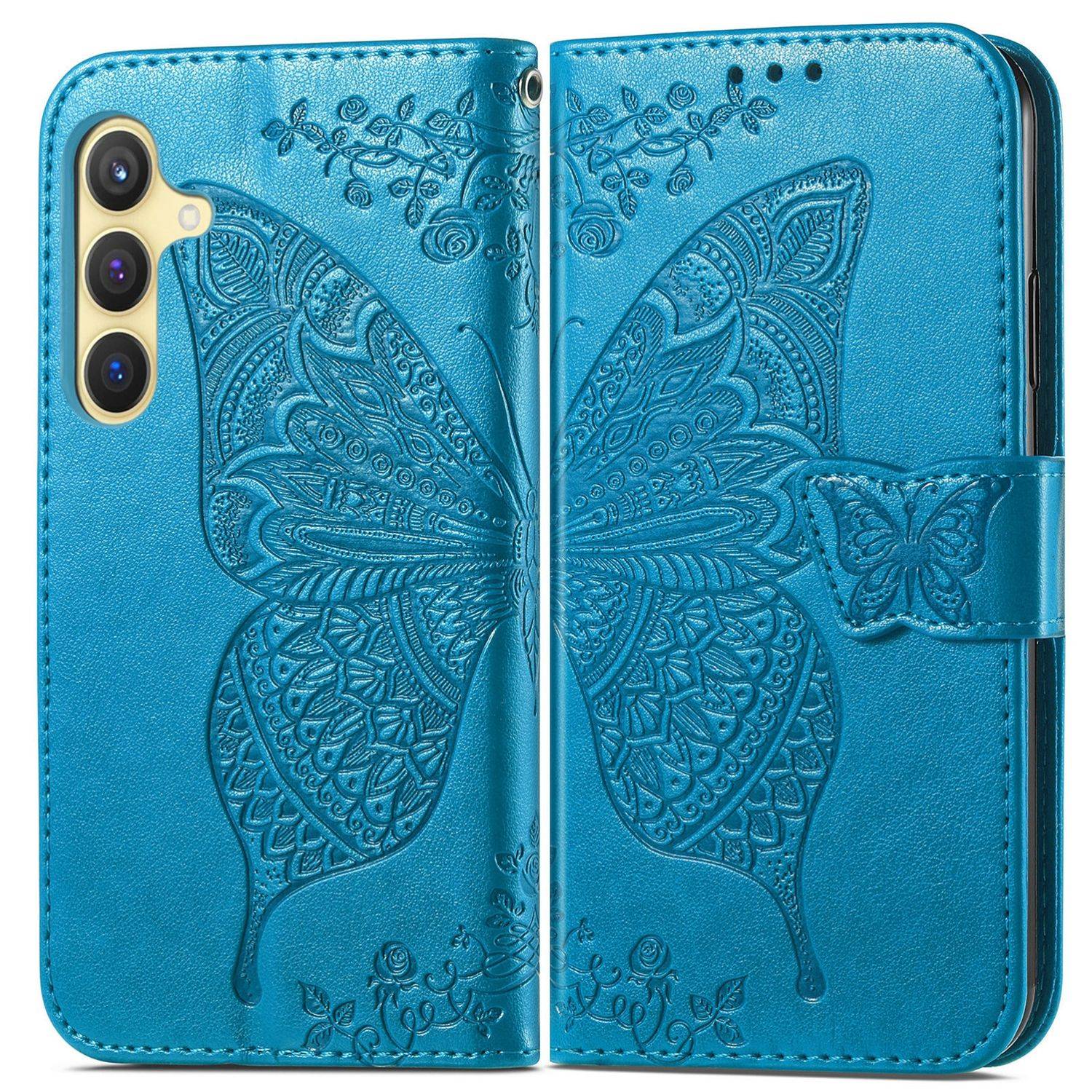 Für Samsung Galaxy S25 Plus 5G Kunstleder Wallet Handy Tasche Schmetterling Design Hülle Etuis Blau