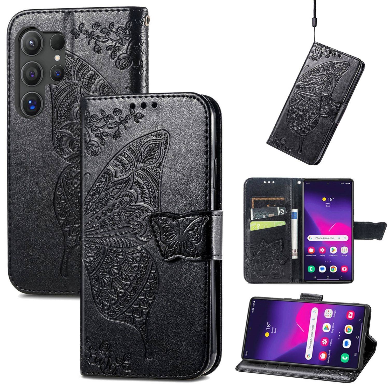 Für Samsung Galaxy S25 Ultra 5G Kunstleder Wallet Handy Tasche Schmetterling Design Hülle Etuis Schwarz