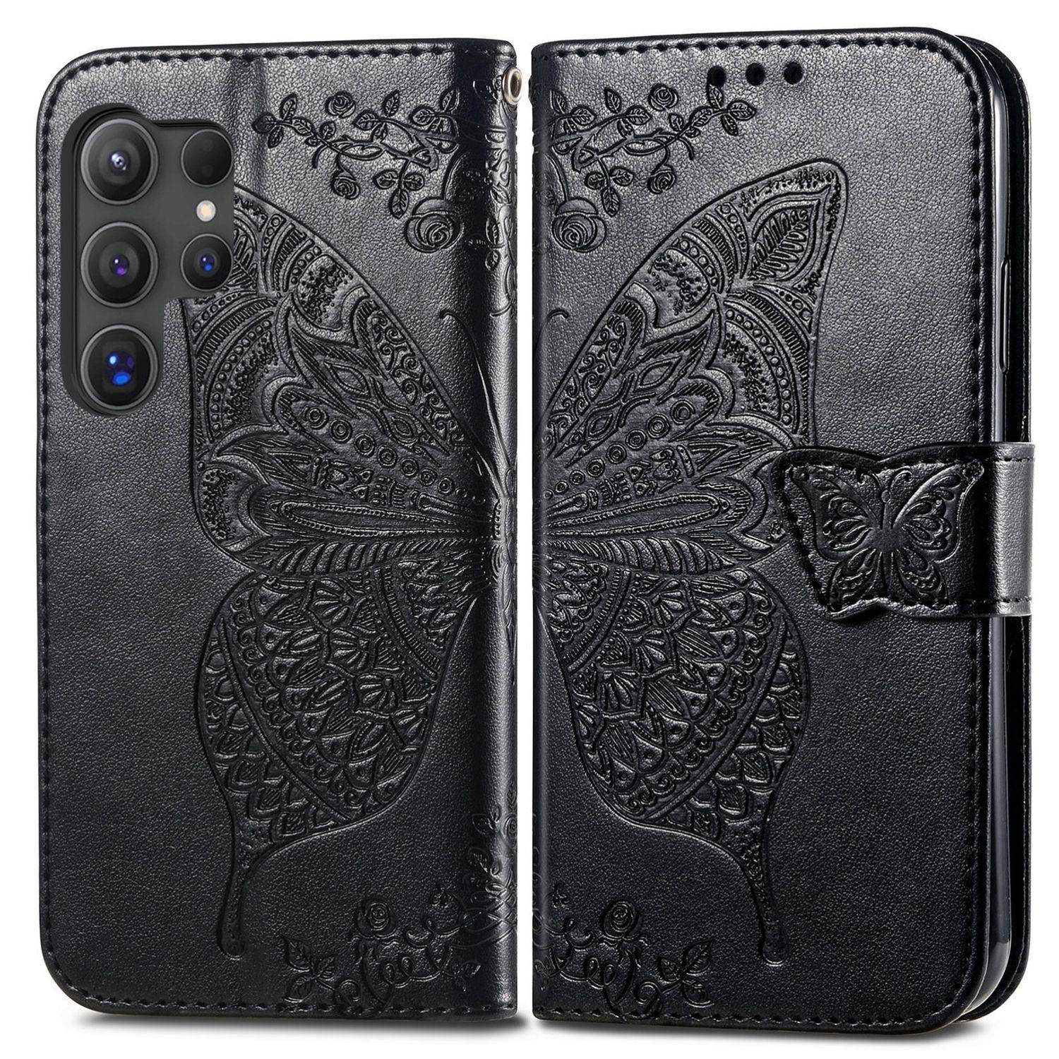 Für Samsung Galaxy S25 Ultra 5G Kunstleder Wallet Handy Tasche Schmetterling Design Hülle Etuis Schwarz