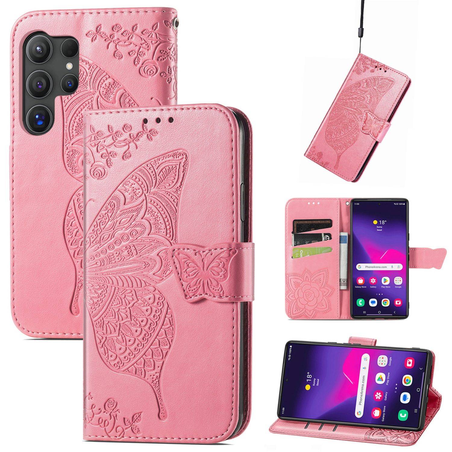 Für Samsung Galaxy S25 Ultra 5G Kunstleder Wallet Handy Tasche Schmetterling Design Hülle Etuis Pink