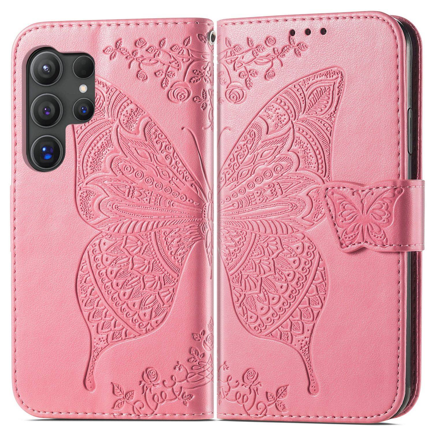 Für Samsung Galaxy S25 Ultra 5G Kunstleder Wallet Handy Tasche Schmetterling Design Hülle Etuis Pink