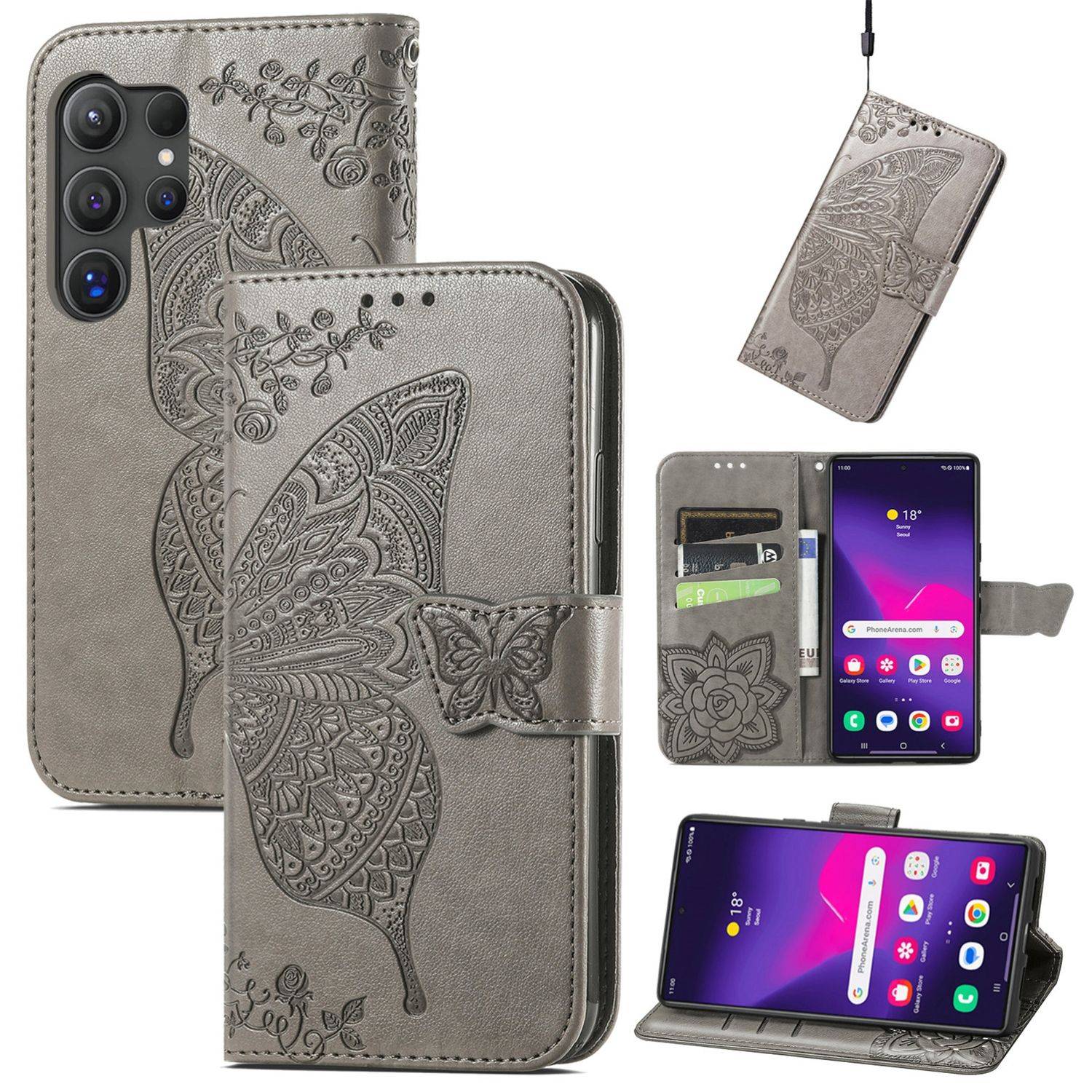 Für Samsung Galaxy S25 Ultra 5G Kunstleder Wallet Handy Tasche Schmetterling Design Hülle Etuis Grau