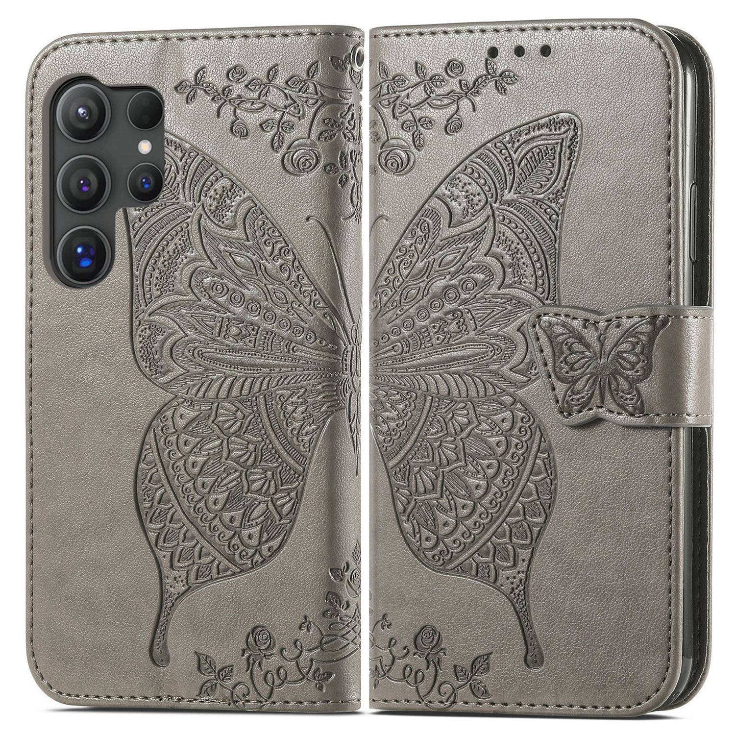 Für Samsung Galaxy S25 Ultra 5G Kunstleder Wallet Handy Tasche Schmetterling Design Hülle Etuis Grau