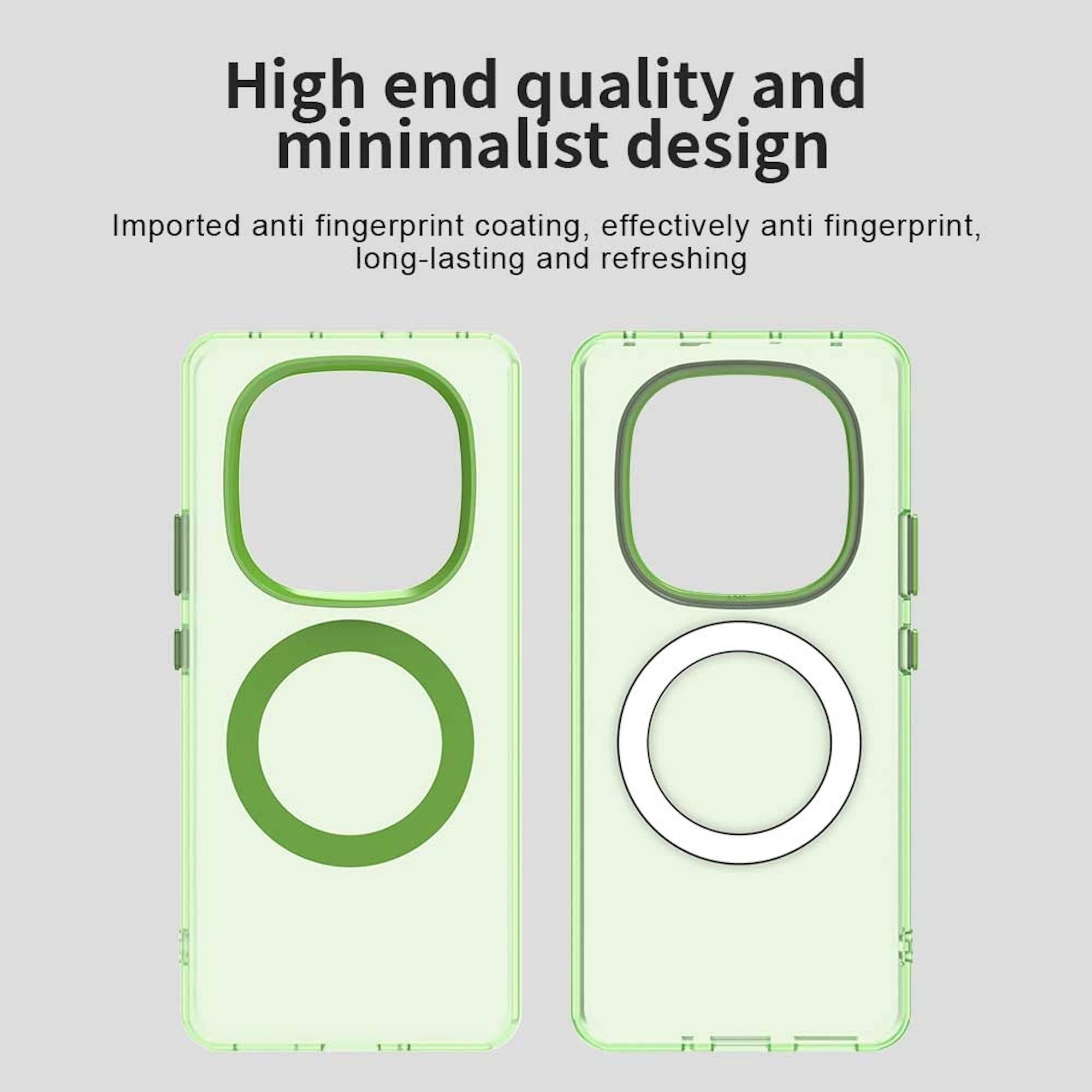 Werbebild von zwei grünen minimalistischen Handyhüllen, eine mit grünem Ring und eine mit weißem Ring, beschriftet mit „Hochwertige Qualität und minimalistisches Design