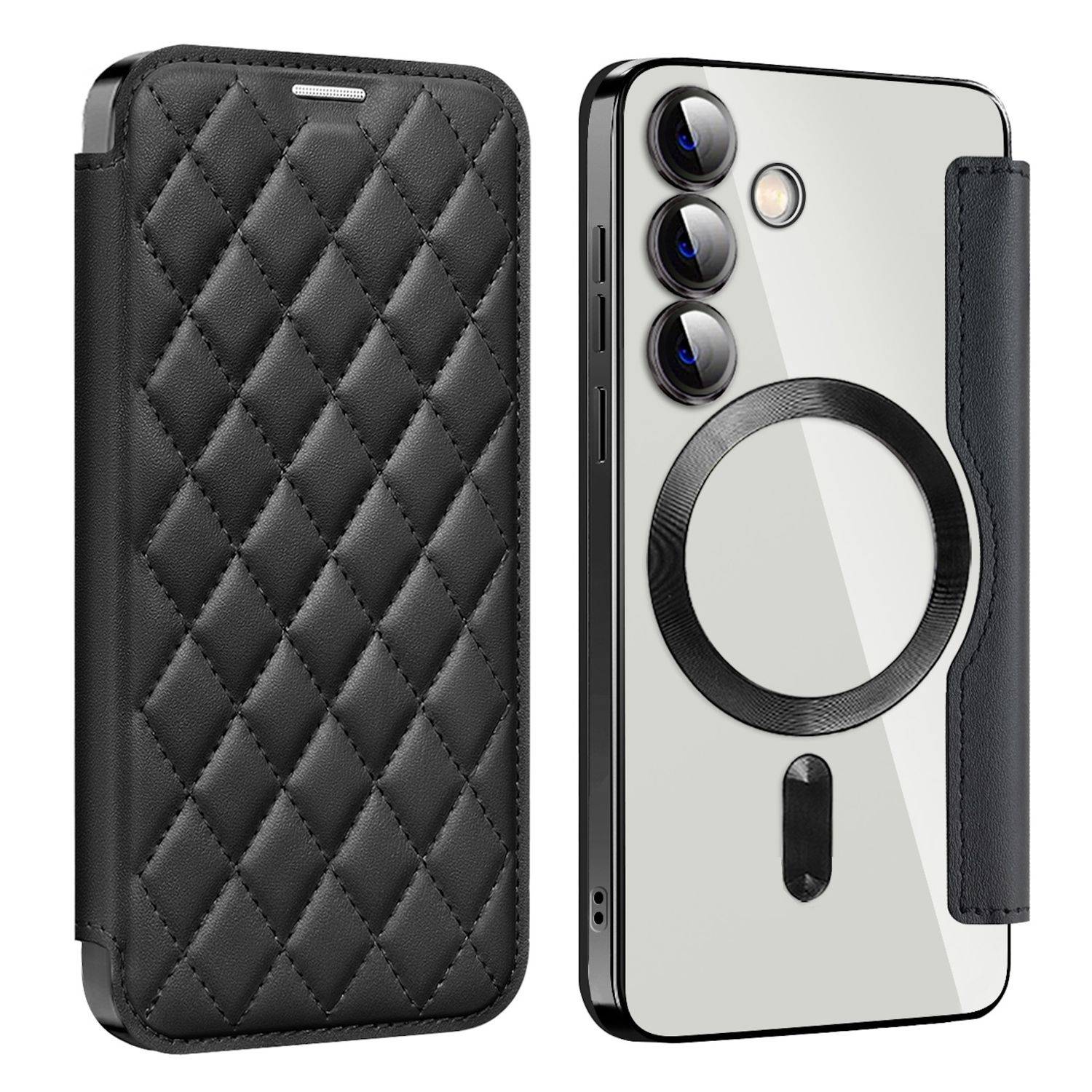 Für Samsung Galaxy S25 5G 360 Grad Full Body Magsafe RFID Anti Datenklau Kunst Leder Hülle Tasche Schwarz