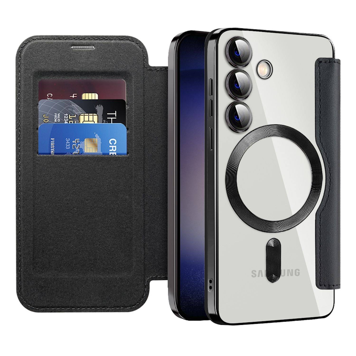 Für Samsung Galaxy S25 Plus 5G 360 Grad Full Body Magsafe RFID Anti Datenklau Kunst Leder Hülle Tasche Schwarz