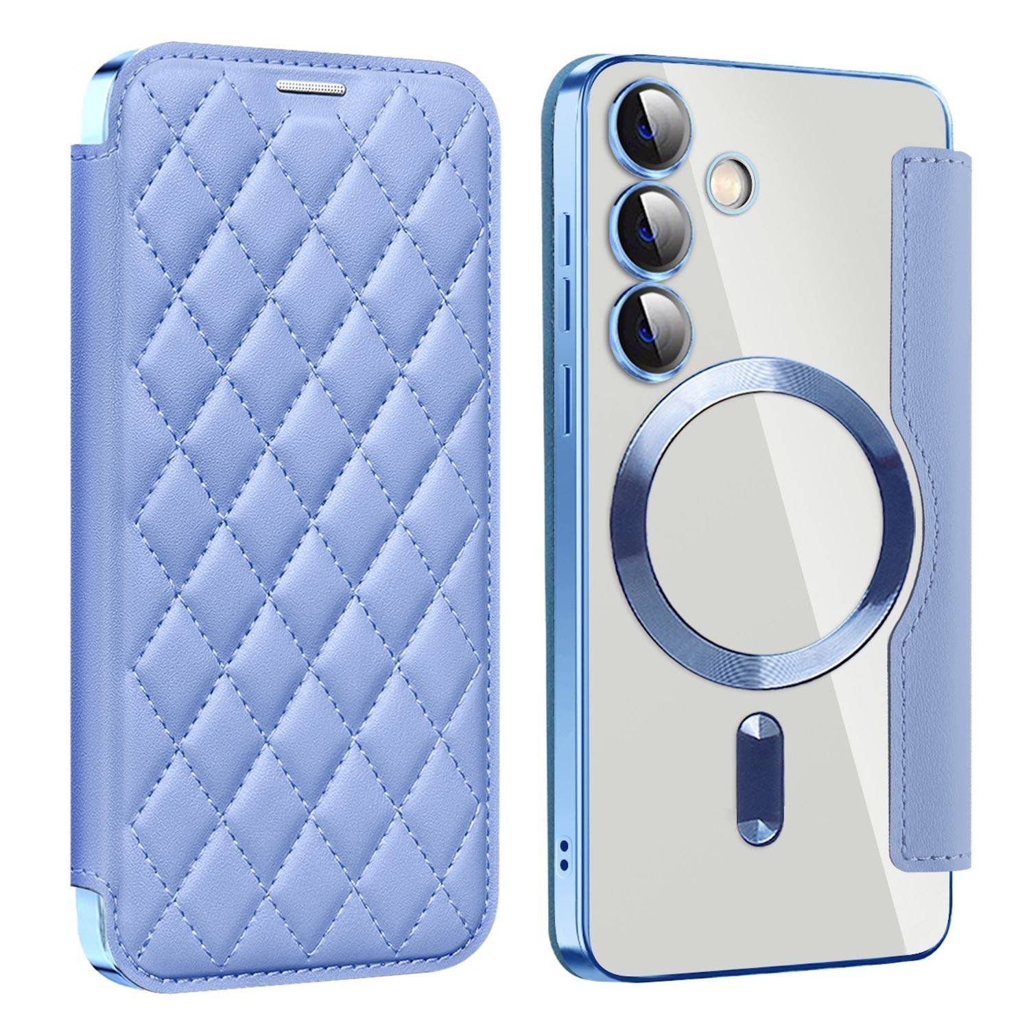 Für Samsung Galaxy S25 5G 360 Grad Full Body Magsafe RFID Anti Datenklau Kunst Leder Hülle Tasche Hellblau
