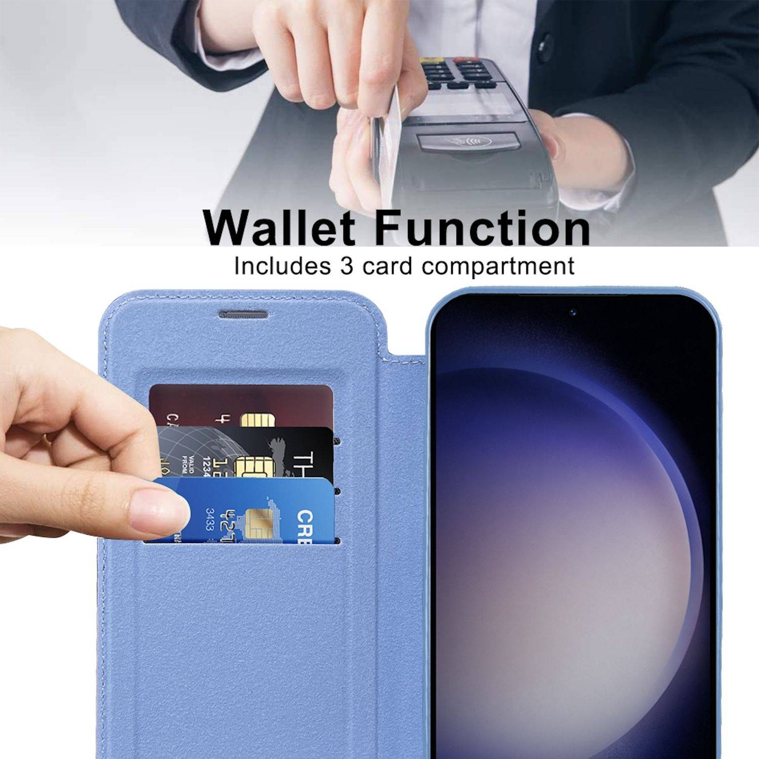 Für Samsung Galaxy S25 5G 360 Grad Full Body Magsafe RFID Anti Datenklau Kunst Leder Hülle Tasche Hellblau