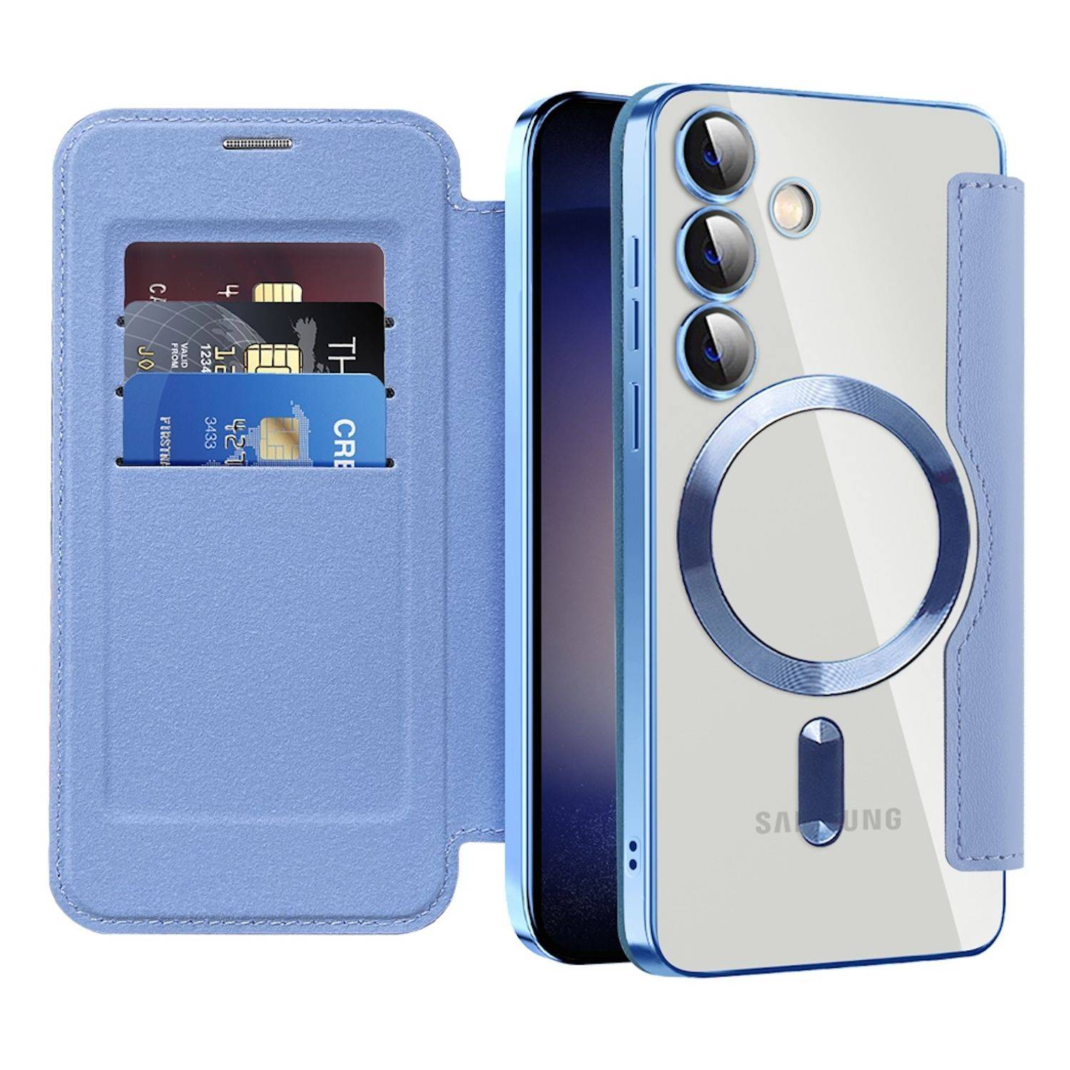 Für Samsung Galaxy S25 5G 360 Grad Full Body Magsafe RFID Anti Datenklau Kunst Leder Hülle Tasche Hellblau