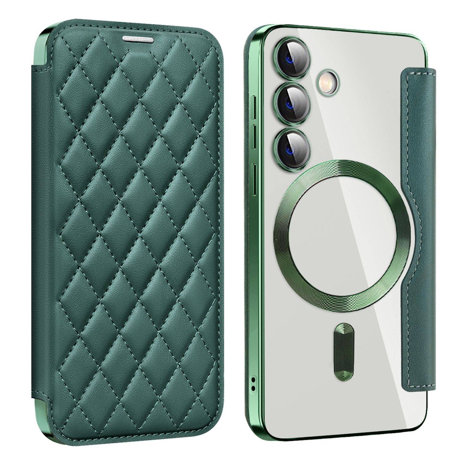 Für Samsung Galaxy S25 Plus 5G 360 Grad Full Body Magsafe RFID Anti Datenklau Kunst Leder Hülle Tasche Grün