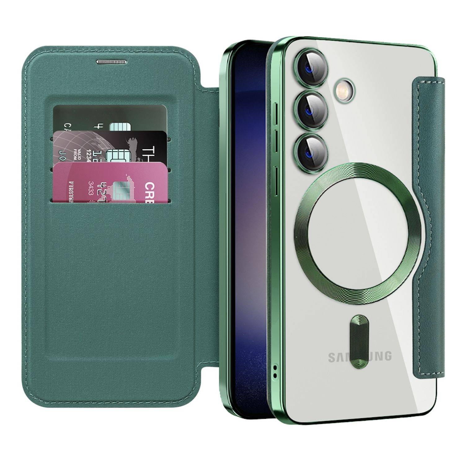 Für Samsung Galaxy S25 Plus 5G 360 Grad Full Body Magsafe RFID Anti Datenklau Kunst Leder Hülle Tasche Grün