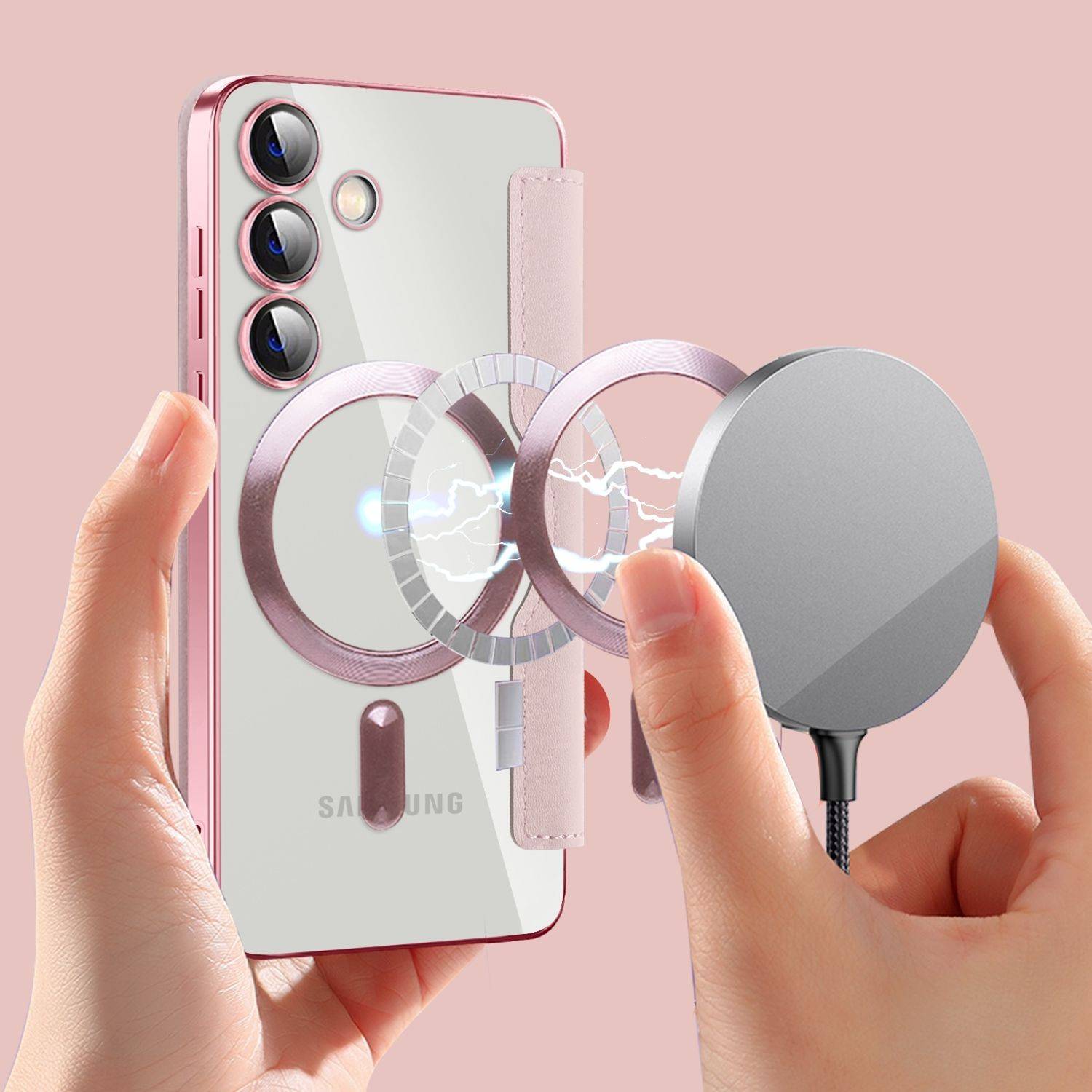 Für Samsung Galaxy S25 Plus 5G 360 Grad Full Body Magsafe RFID Anti Datenklau Kunst Leder Hülle Tasche Rosa