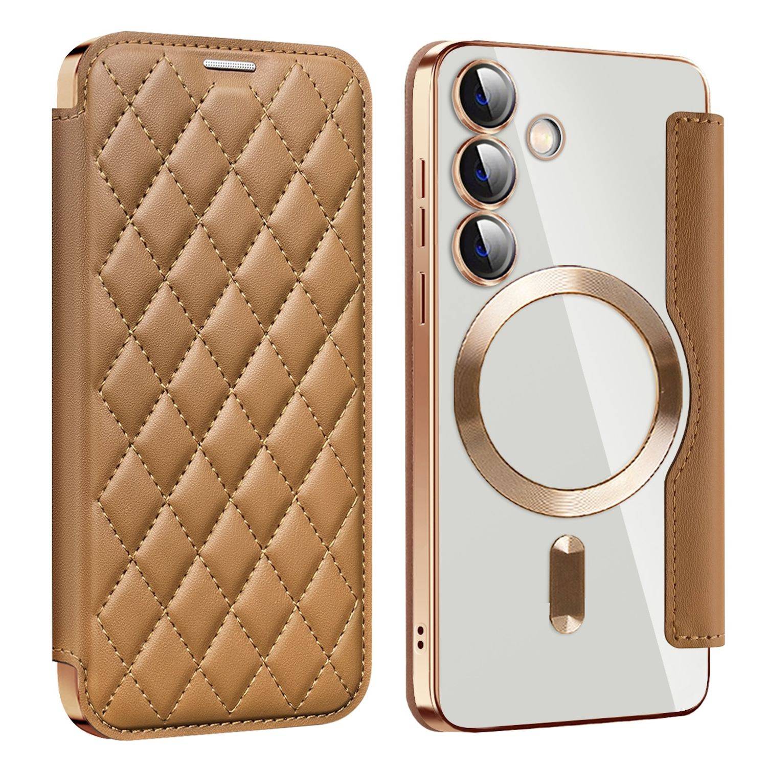 Für Samsung Galaxy S25 5G 360 Grad Full Body Magsafe RFID Anti Datenklau Kunst Leder Hülle Tasche Braun