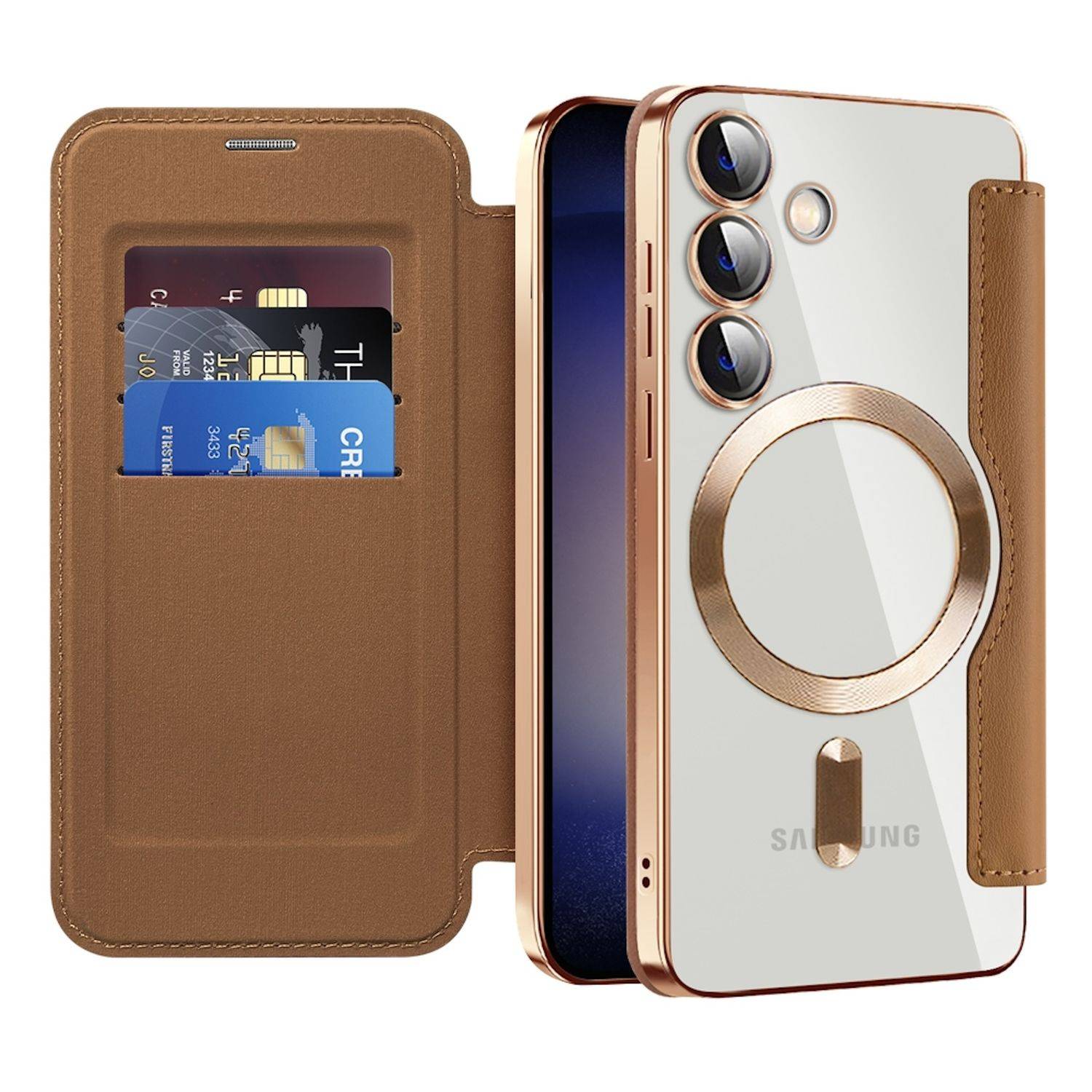 Für Samsung Galaxy S25 5G 360 Grad Full Body Magsafe RFID Anti Datenklau Kunst Leder Hülle Tasche Braun