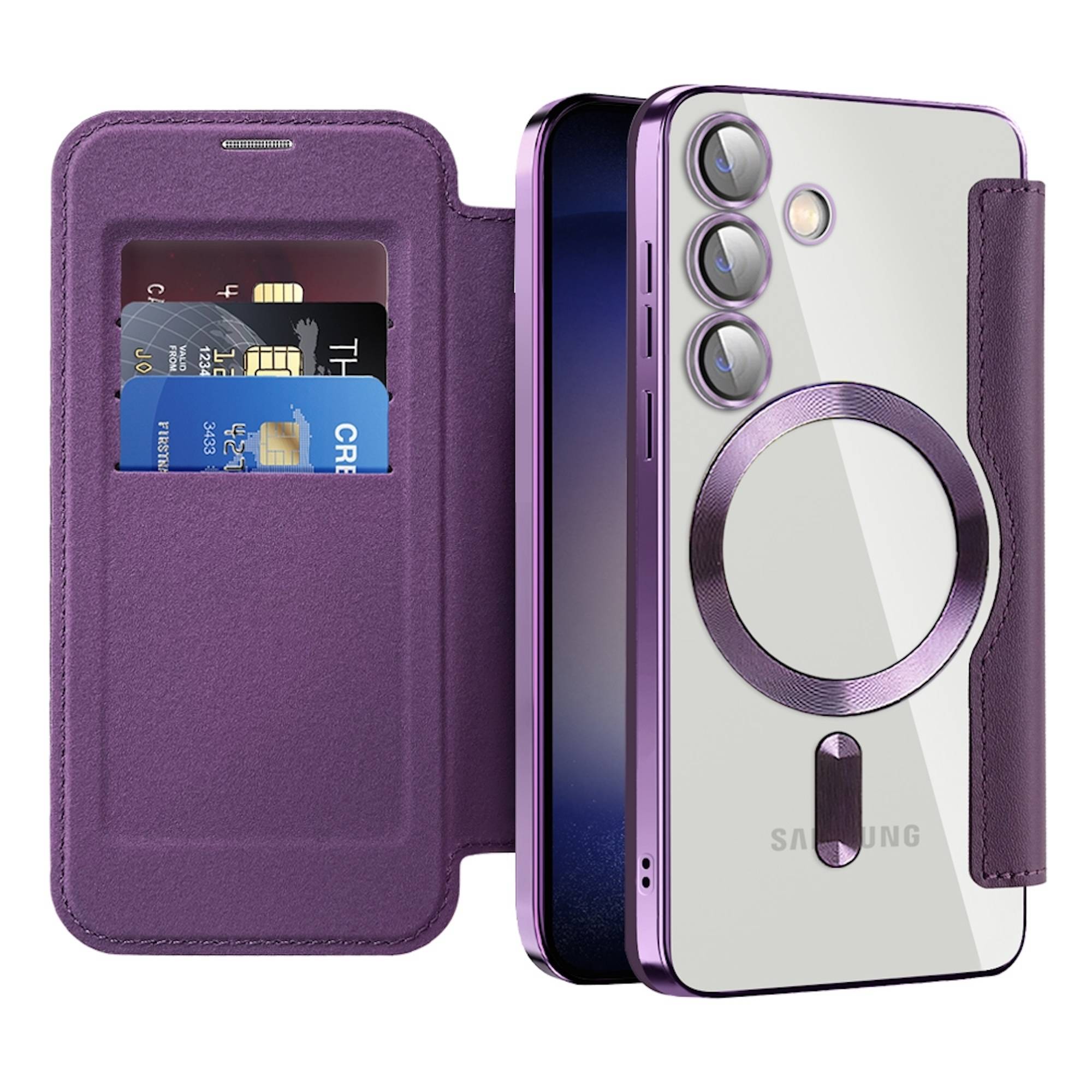 Violettes Samsung-Handyhülle, offen dargestellt, mit Kartensteckplätzen im Inneren und einem kreisförmigen magnetischen Ringständer auf der Rückseite.