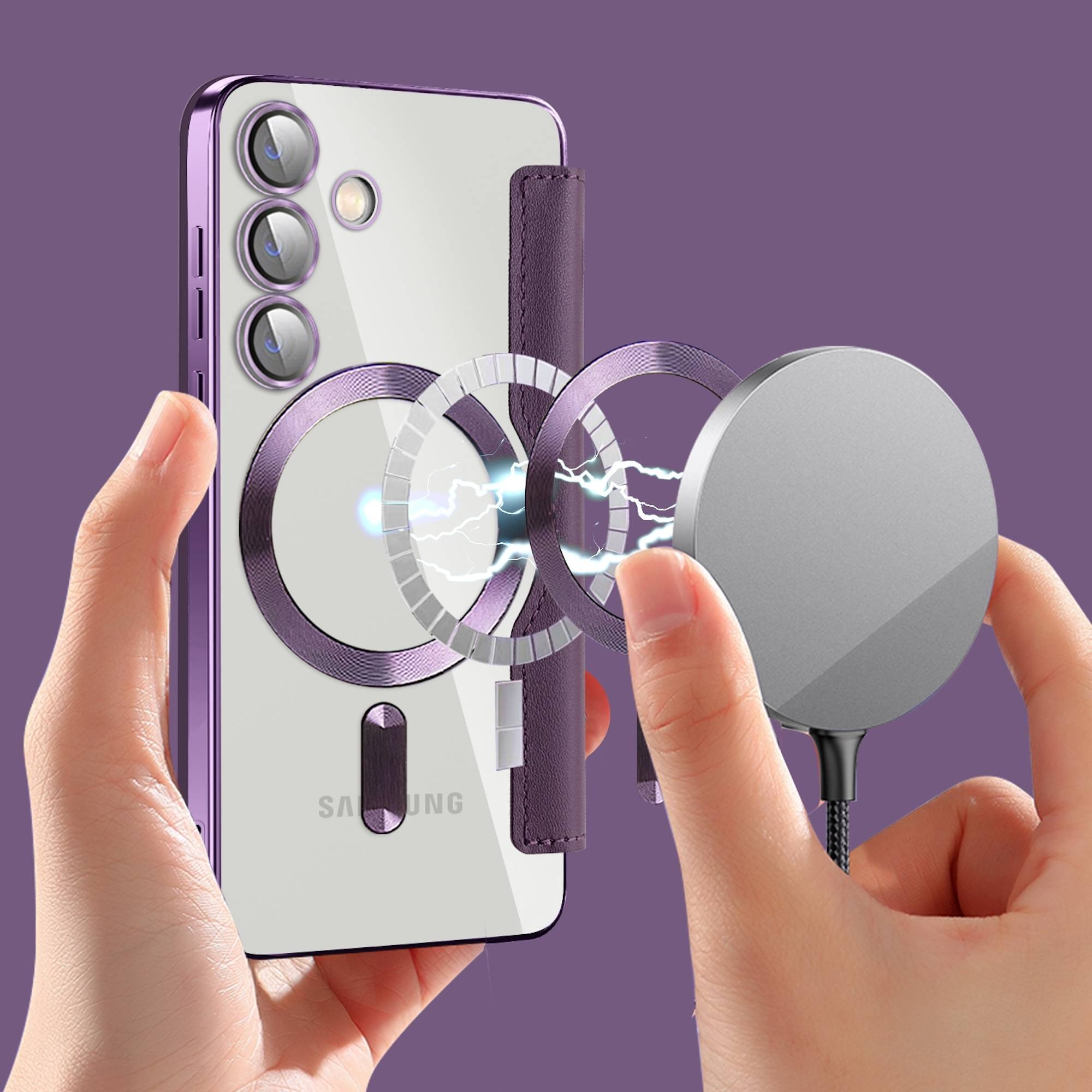 Hände halten ein Samsung-Telefon gegen einen violetten MagSafe-ähnlichen magnetischen Laderings, wobei die Ausrichtung des kabellosen Ladens auf violettem Hintergrund angezeigt wird.