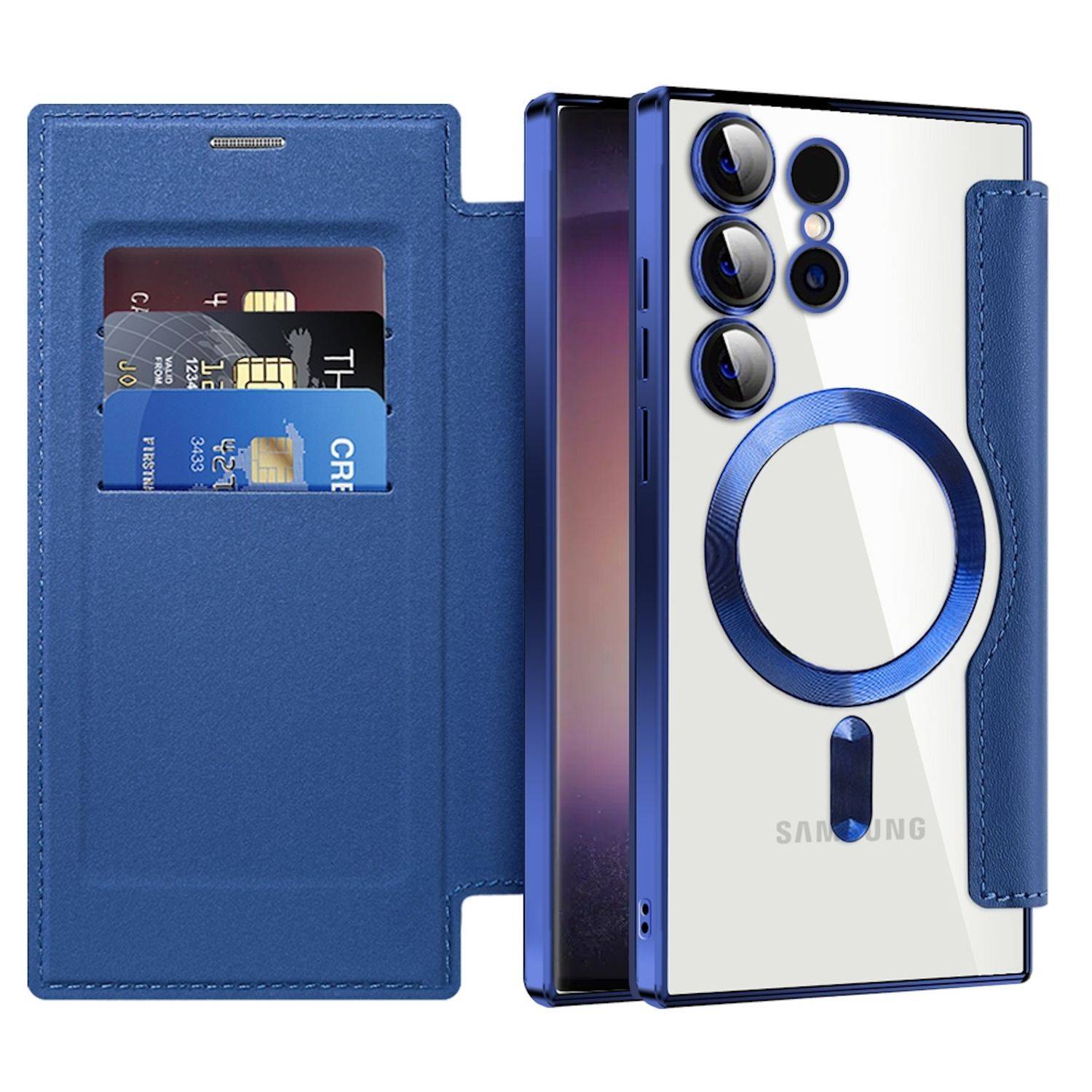 Für Samsung Galaxy S25 v 5G 360 Grad Full Body Magsafe RFID Anti Datenklau Kunst Leder Hülle Tasche Dunkelblau