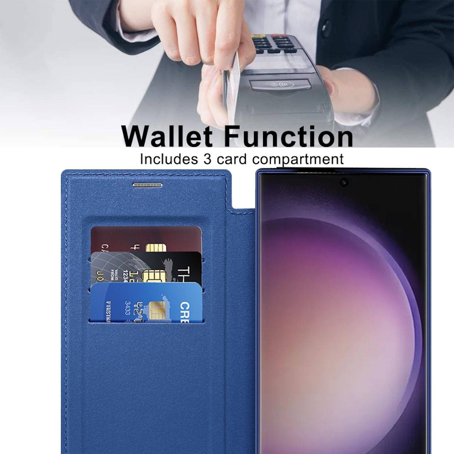 Für Samsung Galaxy S25 v 5G 360 Grad Full Body Magsafe RFID Anti Datenklau Kunst Leder Hülle Tasche Dunkelblau
