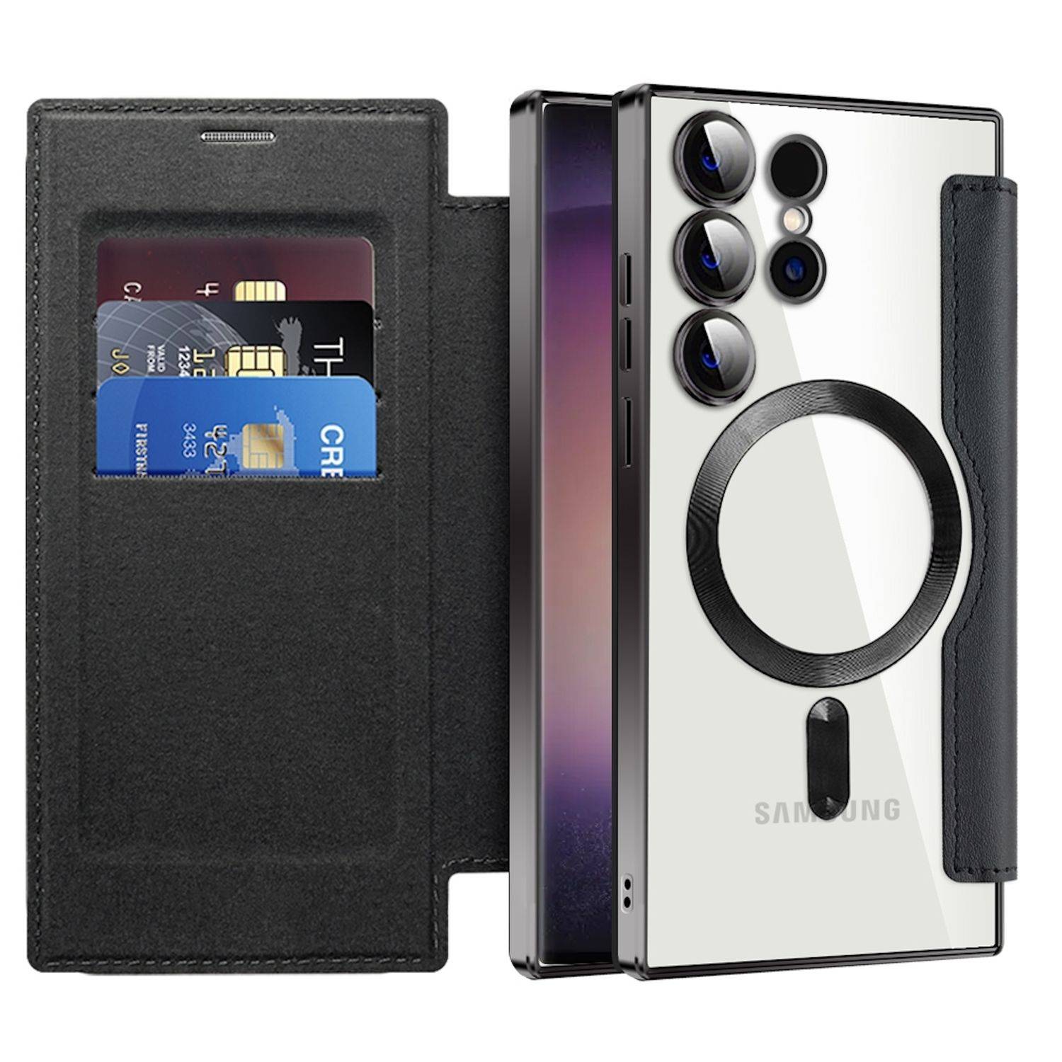 Für Samsung Galaxy S25 v 5G 360 Grad Full Body Magsafe RFID Anti Datenklau Kunst Leder Hülle Tasche Schwarz