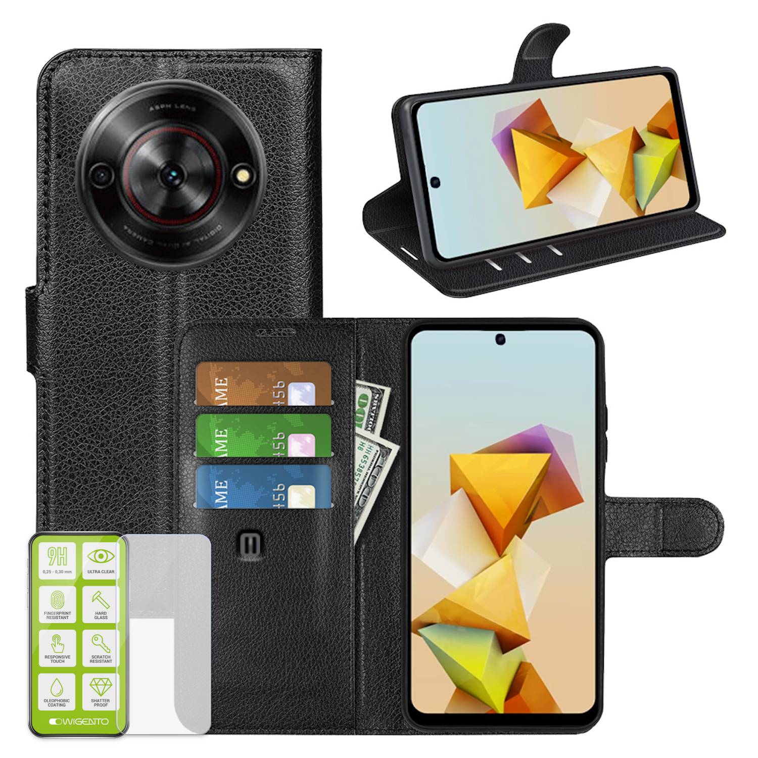 Für ZTE Blade A75 5G Kunstleder Book Wallet Case Tasche Schwarz + H9 Hart Glas