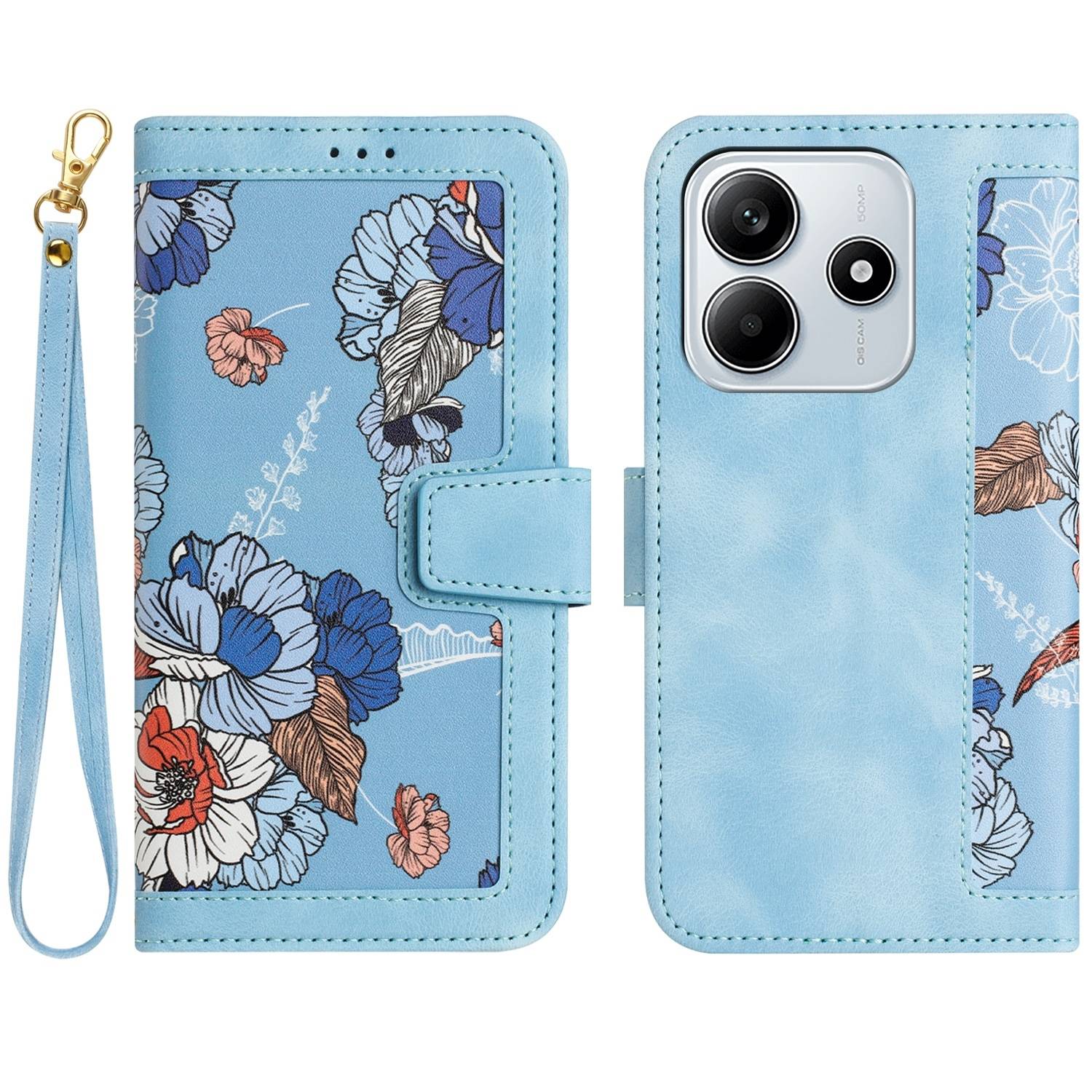 Für Xiaomi Redmi Note 14 5G Kunstleder Wallet Handy Tasche Blumen Design Hülle Etuis Hellblau