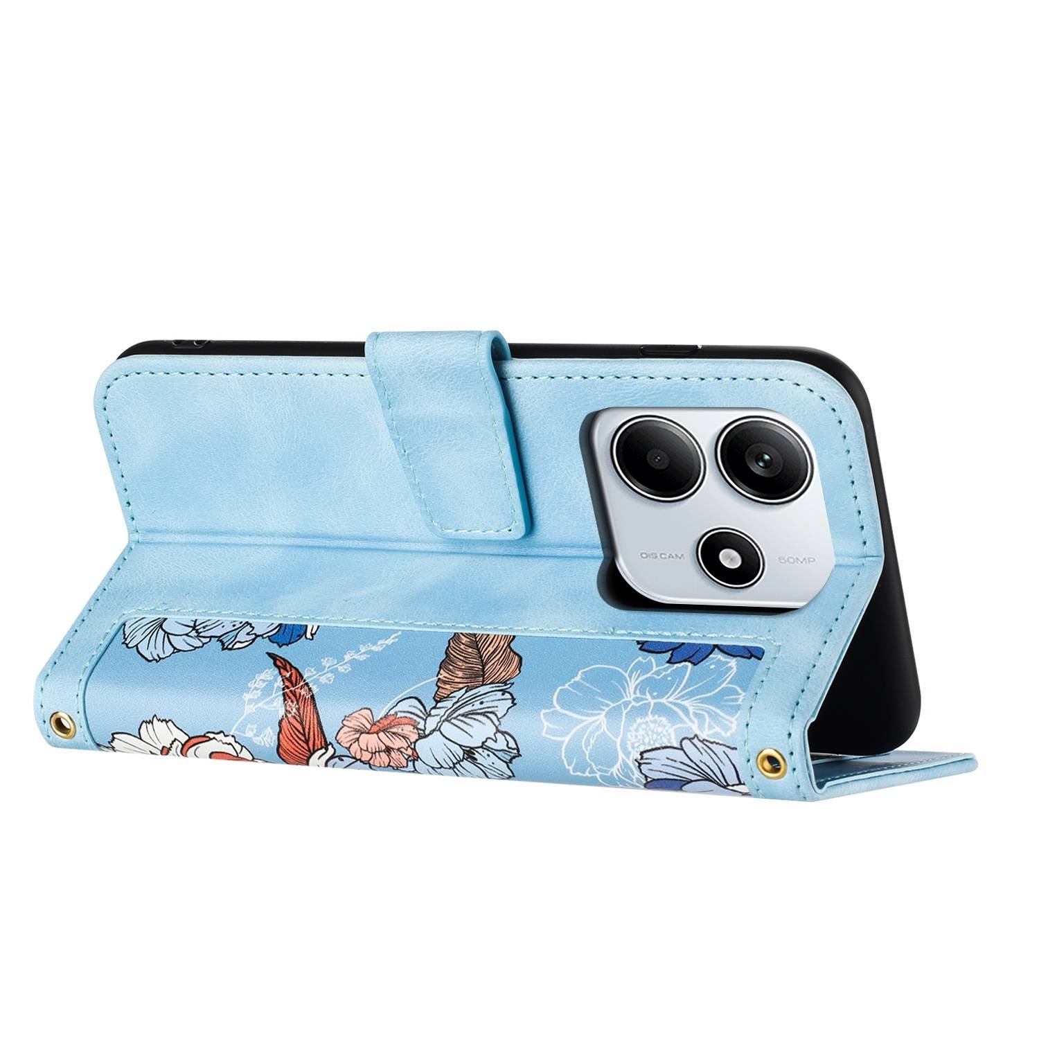 Für Xiaomi Redmi Note 14 5G Kunstleder Wallet Handy Tasche Blumen Design Hülle Etuis Hellblau