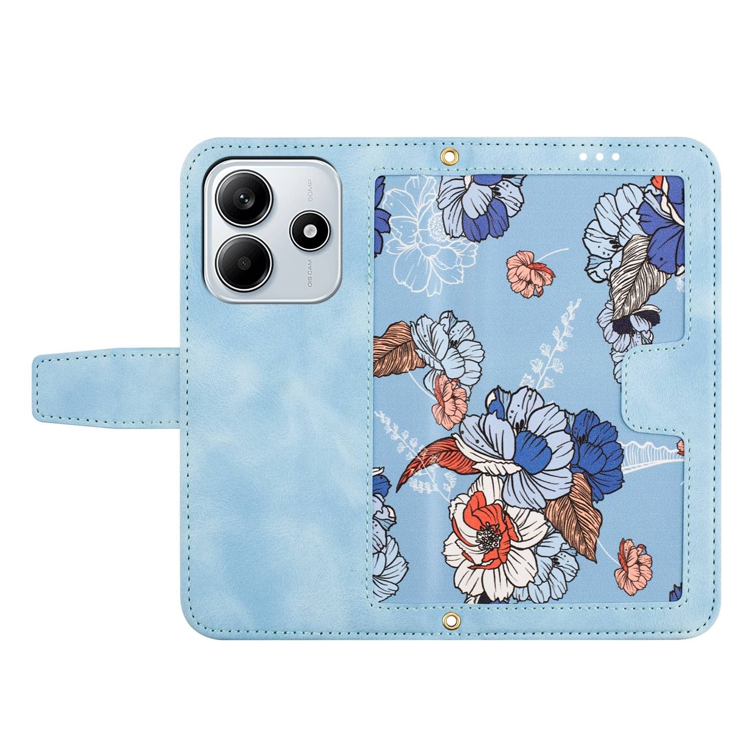 Für Xiaomi Redmi Note 14 5G Kunstleder Wallet Handy Tasche Blumen Design Hülle Etuis Hellblau