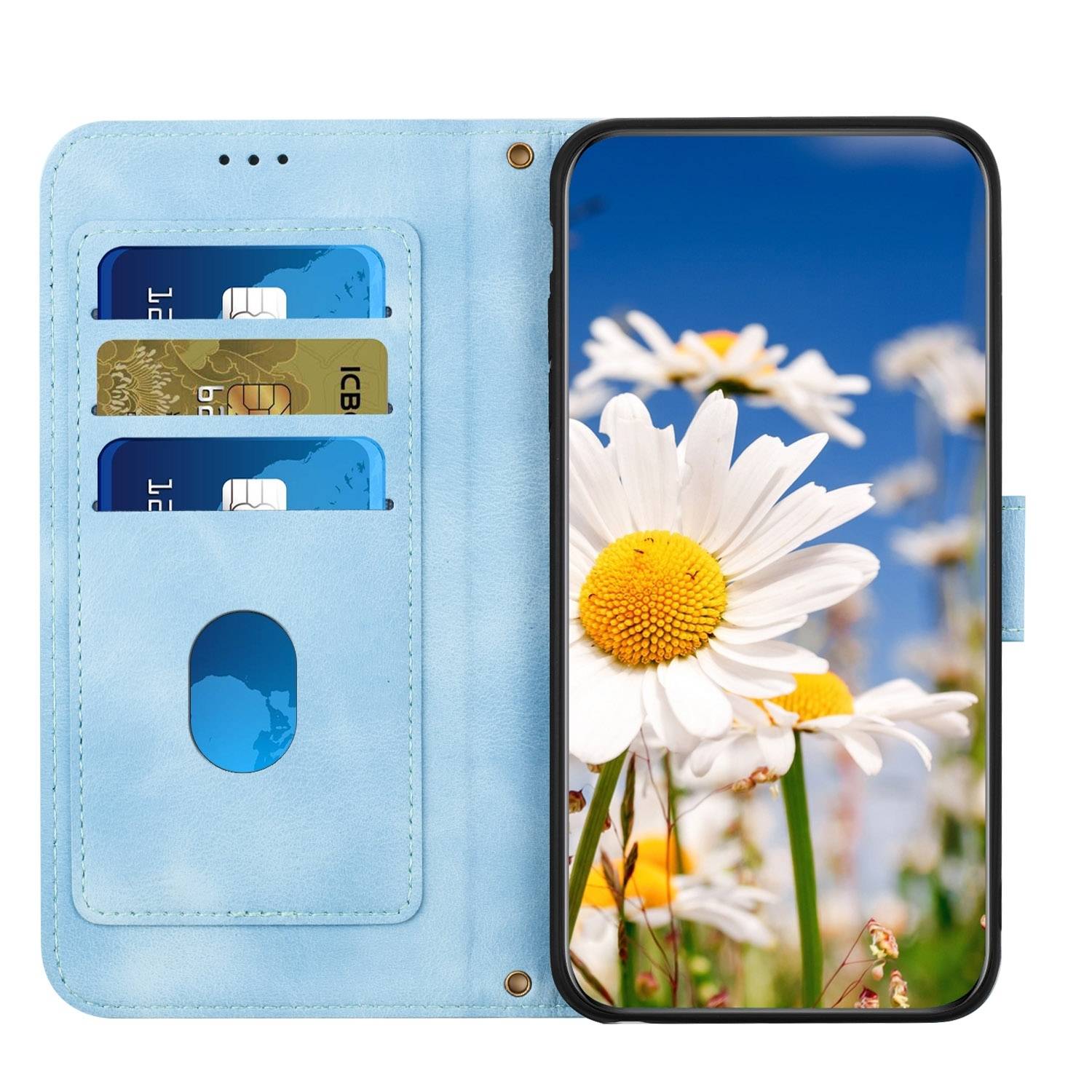 Für Xiaomi Redmi Note 14 Pro 5G Kunstleder Wallet Handy Tasche Blumen Design Hülle Etuis Hellblau