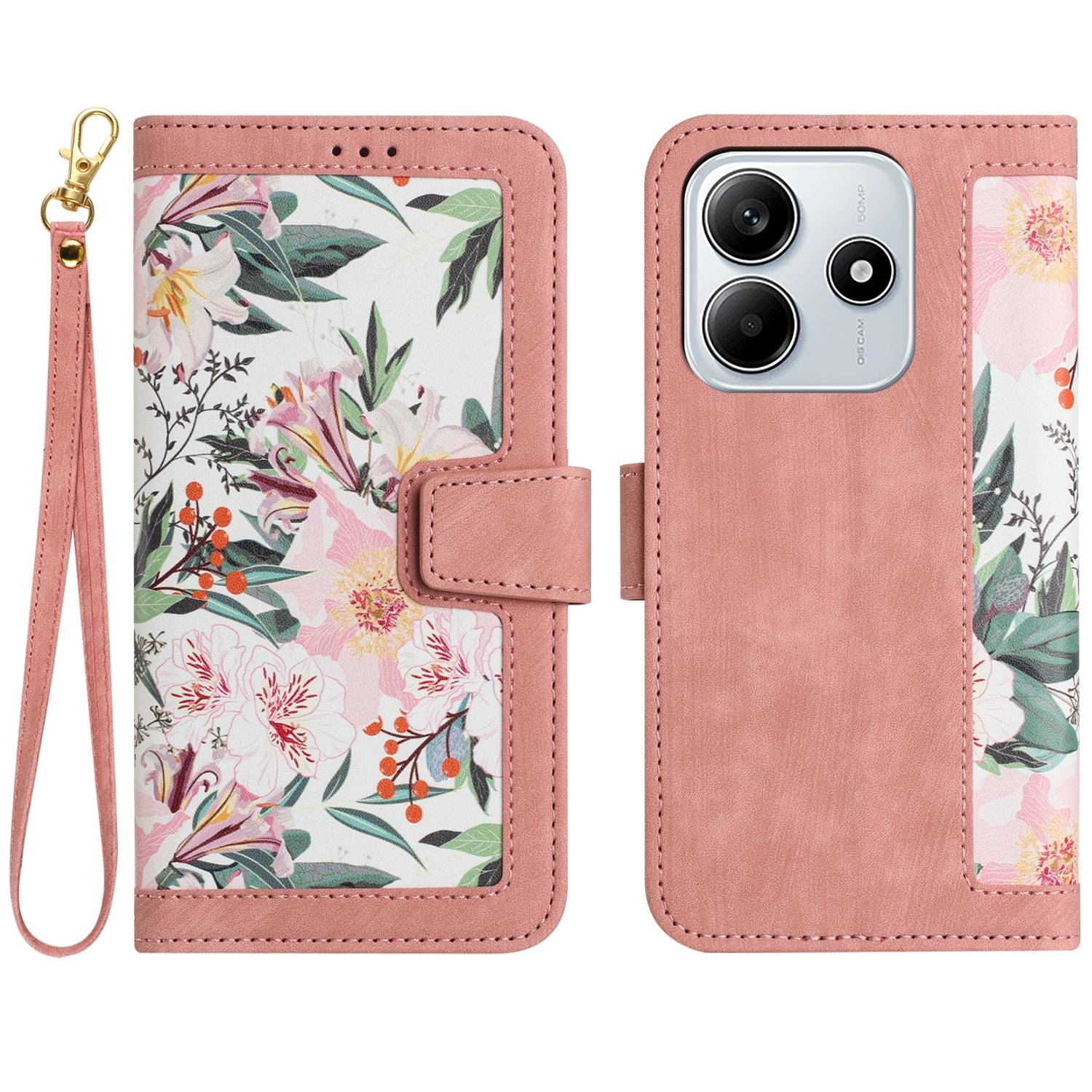 Für Xiaomi Redmi Note 14 5G Kunstleder Wallet Handy Tasche Blumen Design Hülle Etuis Rosa