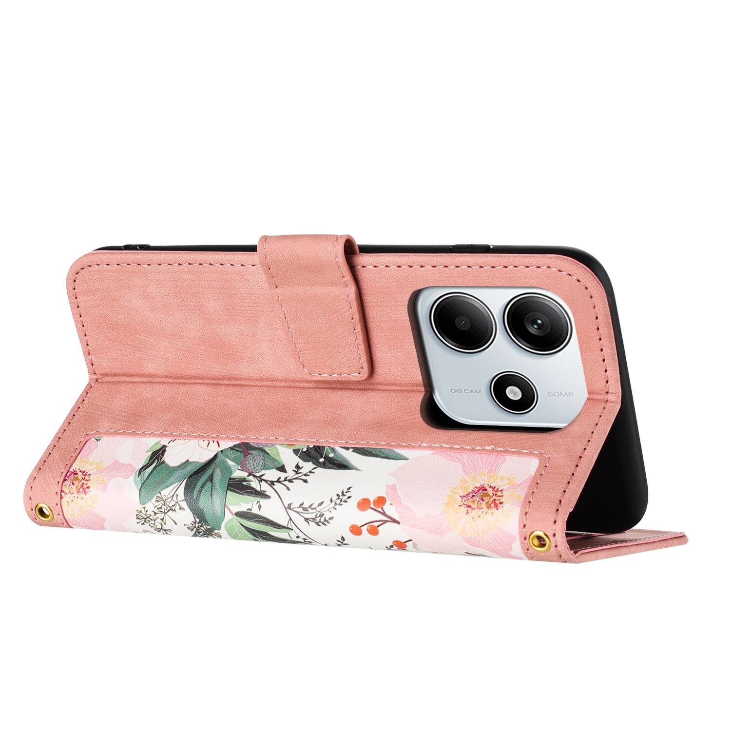 Für Xiaomi Redmi Note 14 5G Kunstleder Wallet Handy Tasche Blumen Design Hülle Etuis Rosa
