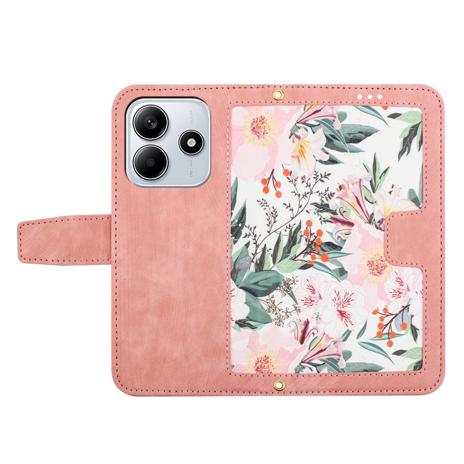 Für Xiaomi Redmi Note 14 5G Kunstleder Wallet Handy Tasche Blumen Design Hülle Etuis Rosa