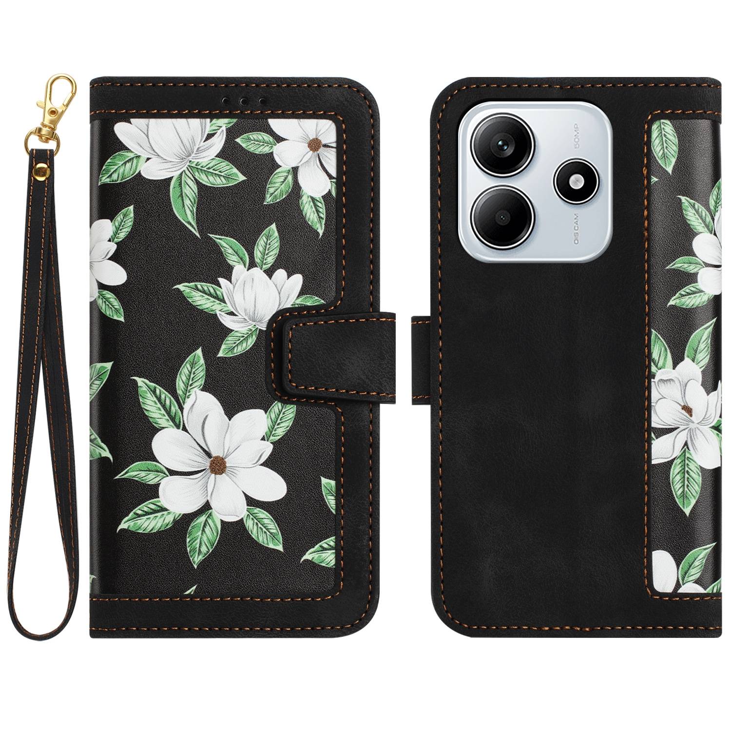 Für Xiaomi Redmi Note 14 5G Kunstleder Wallet Handy Tasche Blumen Design Hülle Etuis Schwarz