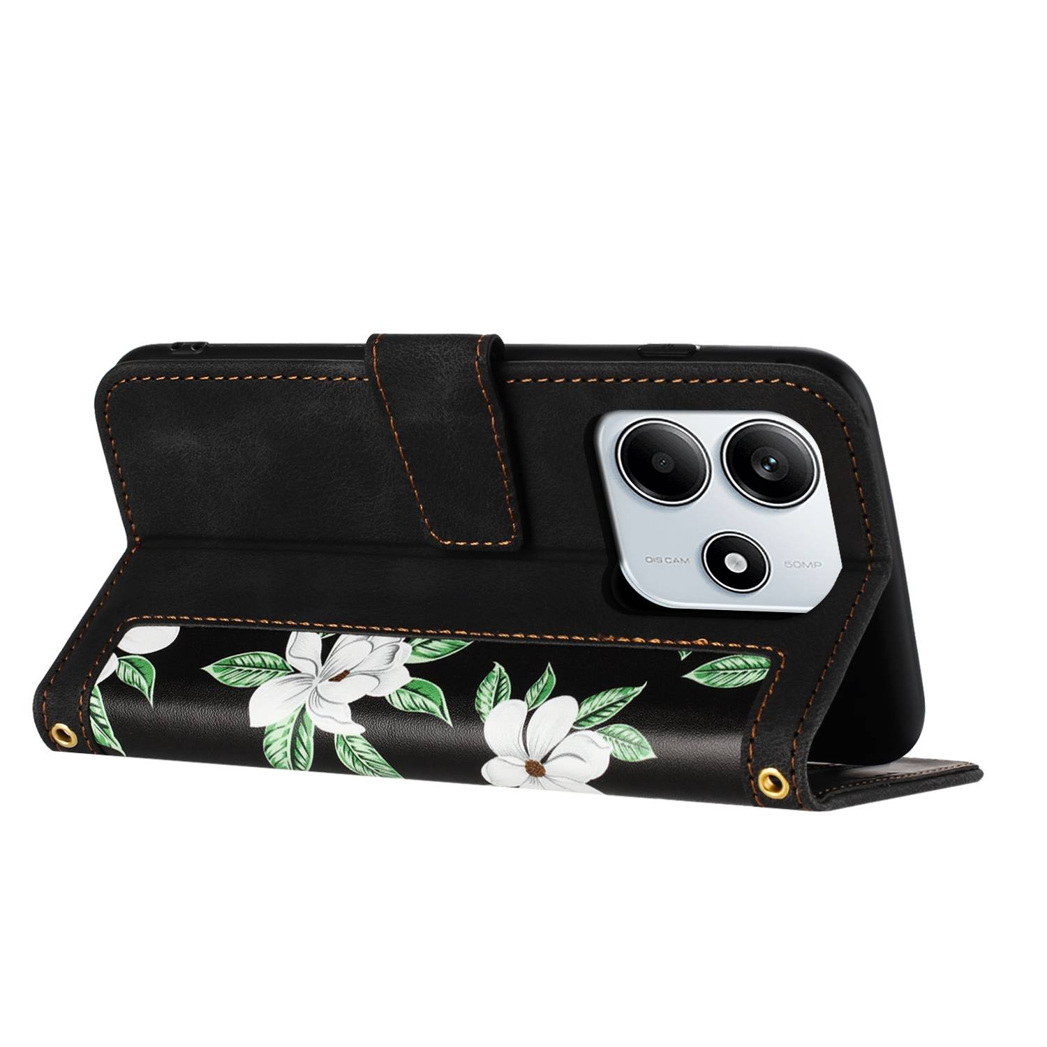 Für Xiaomi Redmi Note 14 5G Kunstleder Wallet Handy Tasche Blumen Design Hülle Etuis Schwarz