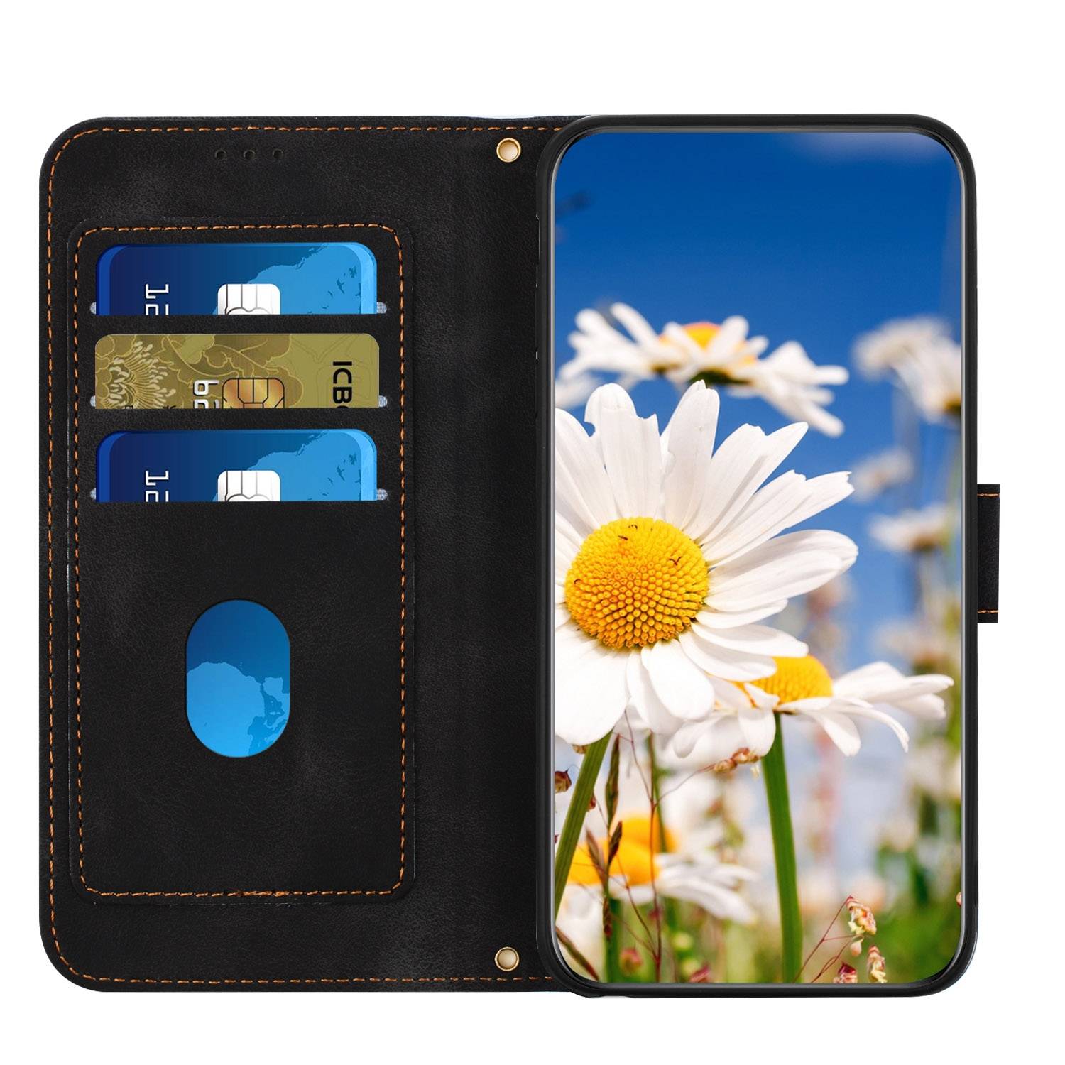 Für Google Pixel 9a Kunstleder Wallet Handy Tasche Blumen Design Hülle Etuis Schwarz